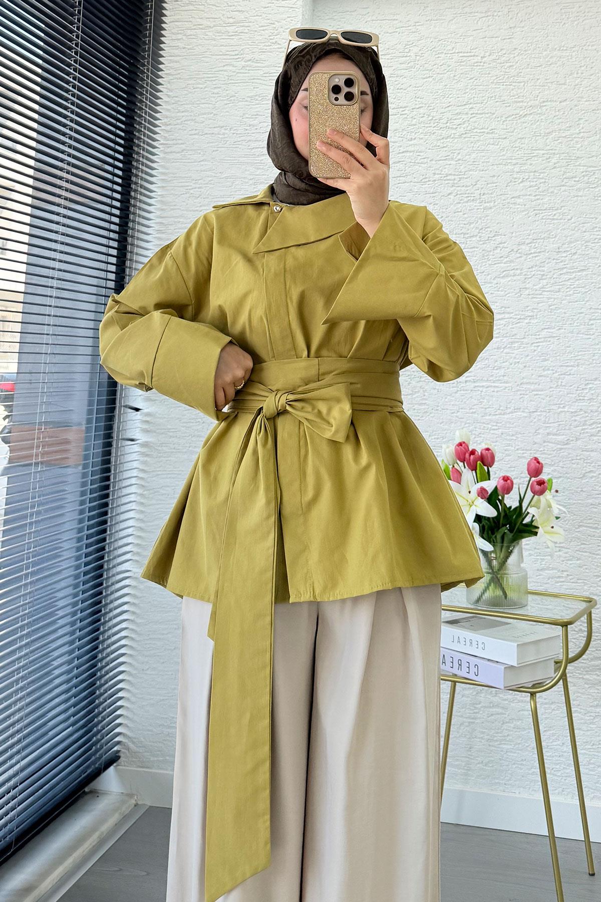 Yandan Düğmeli Geniş Kemerli Poplin Tunik – Yağ Yeşili