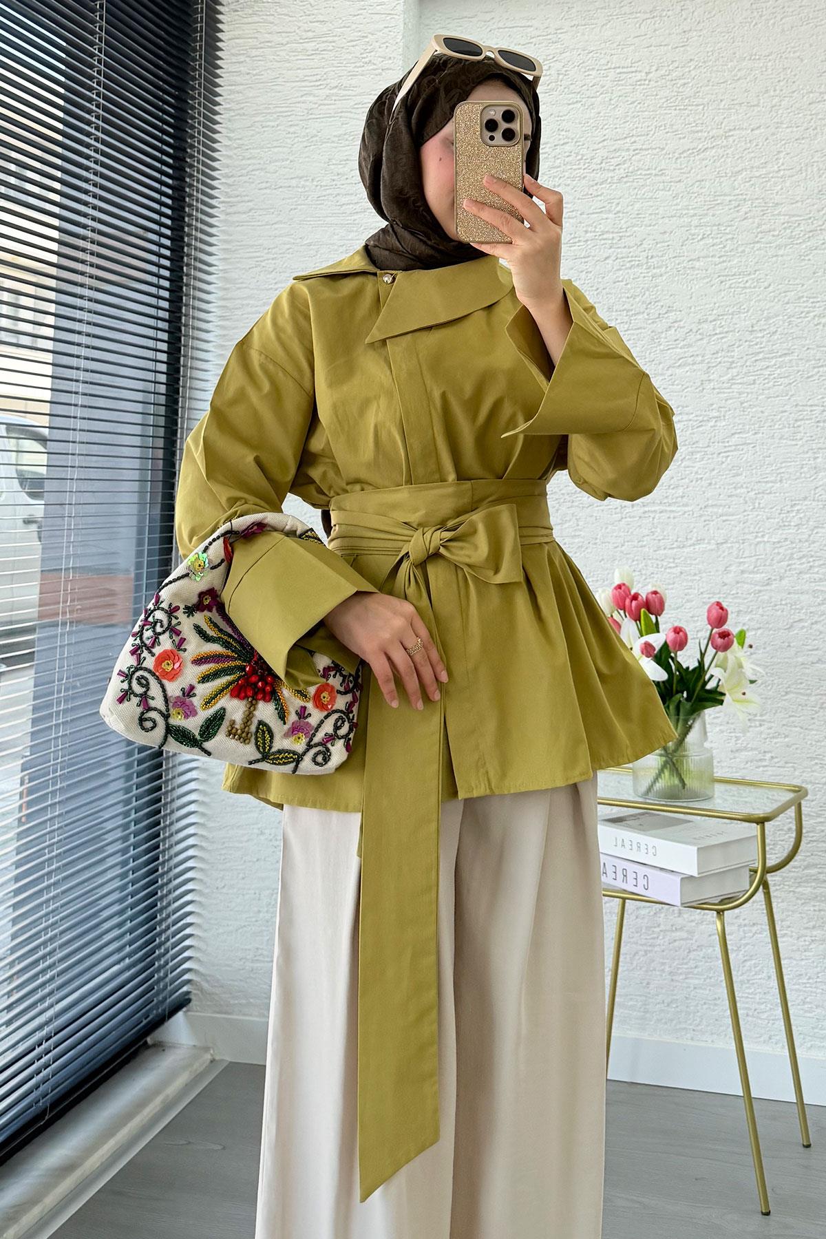 Yandan Düğmeli Geniş Kemerli Poplin Tunik – Yağ Yeşili