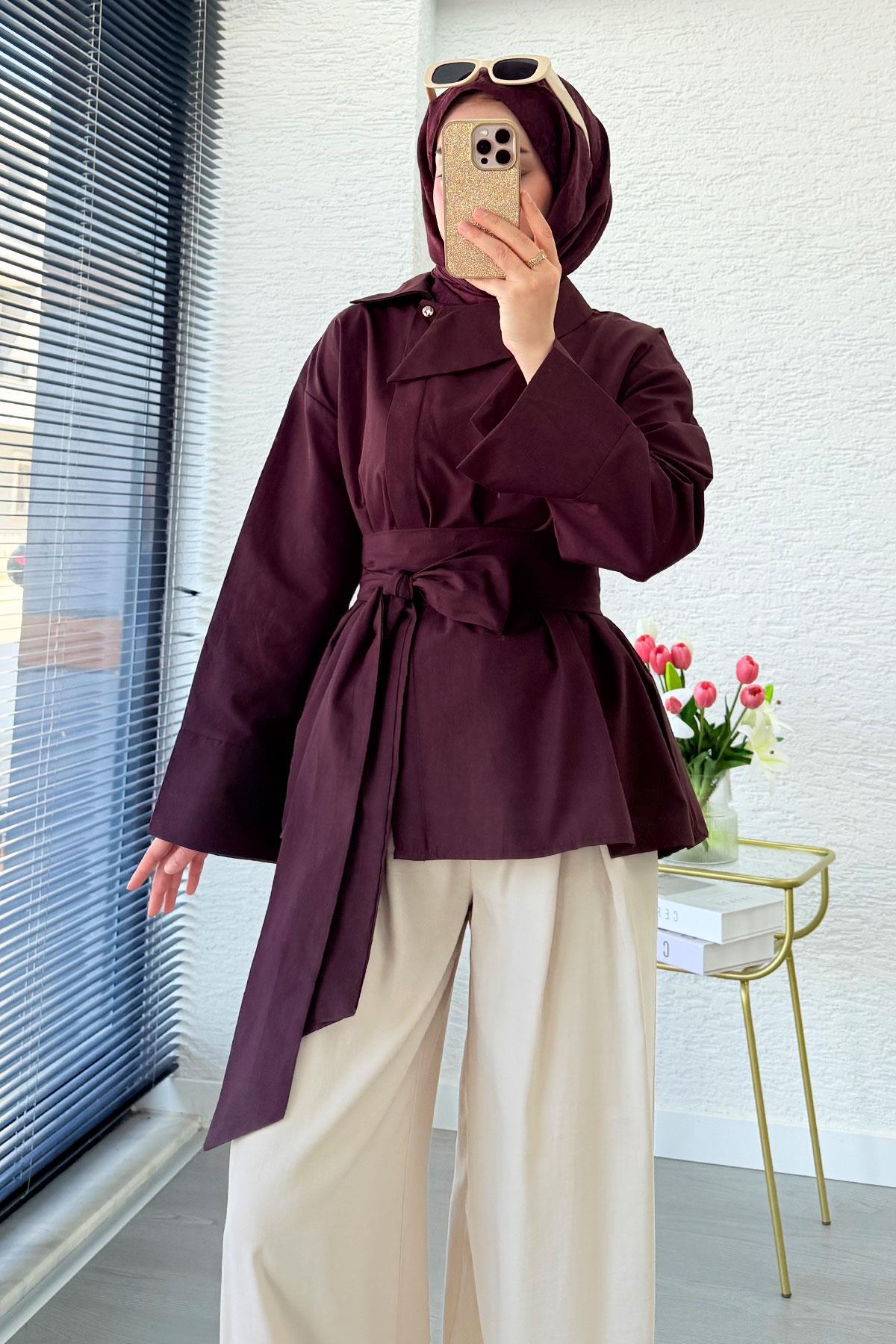 Yandan Düğmeli Geniş Kemerli Poplin Tunik – Bordo