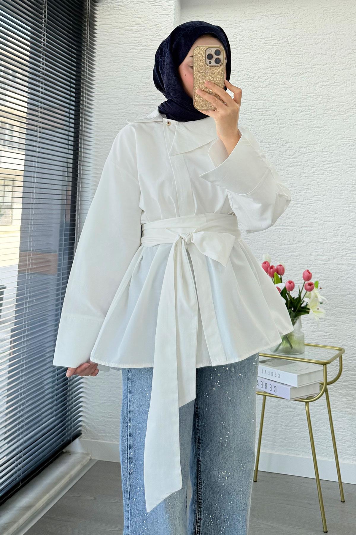 Yandan Düğmeli Geniş Kemerli Poplin Tunik – Beyaz