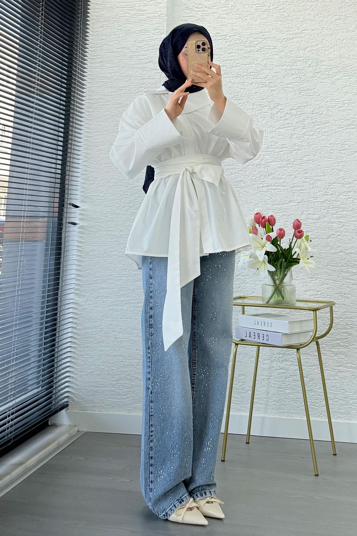 Yandan Düğmeli Geniş Kemerli Poplin Tunik – Beyaz