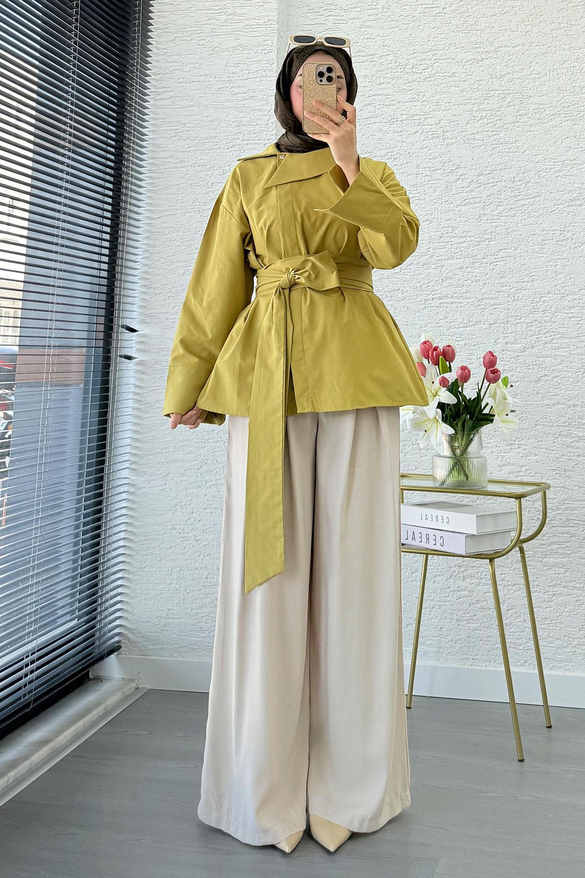 Yandan Düğmeli Geniş Kemerli Poplin Tunik – Yağ Yeşili