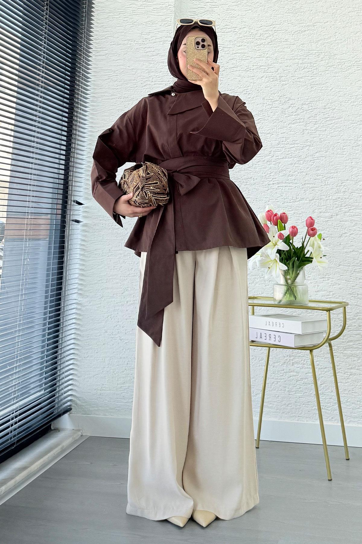 Yandan Düğmeli Geniş Kemerli Poplin Tunik – Kahverengi