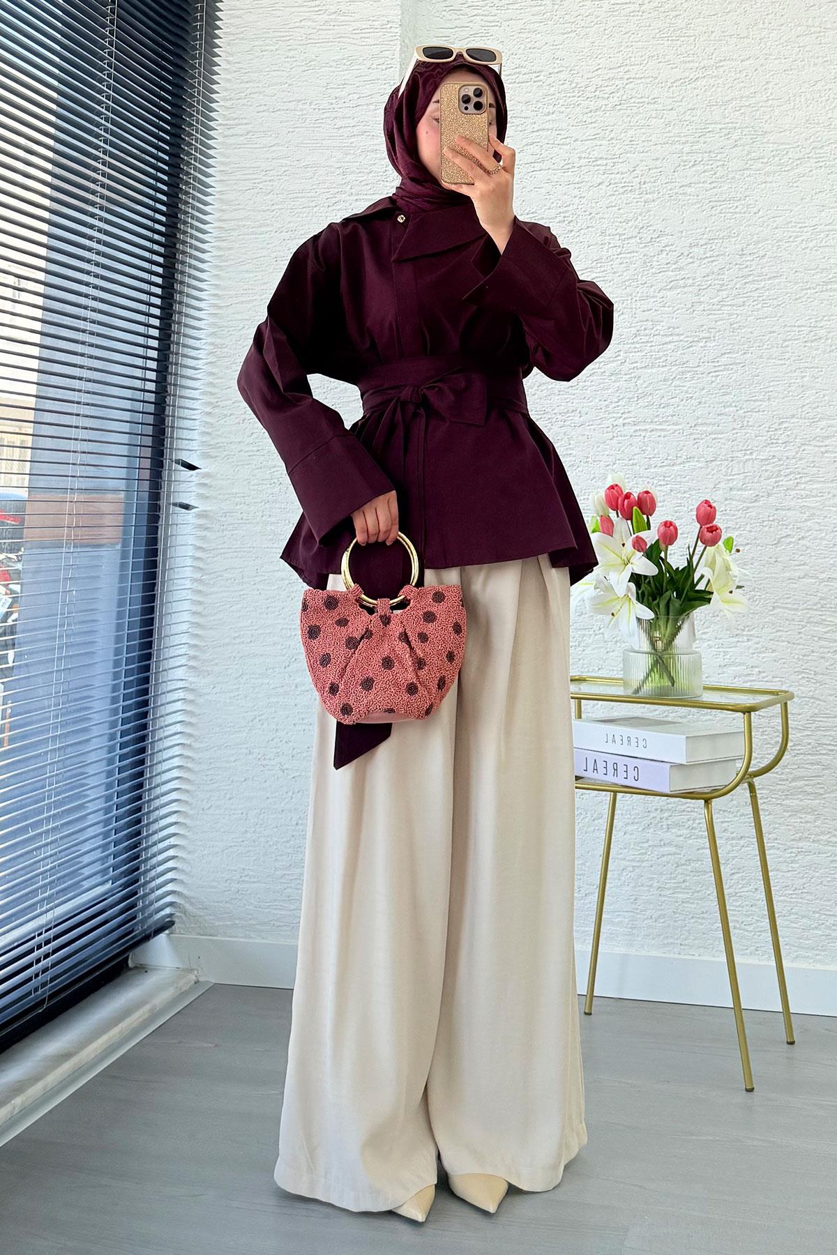 Yandan Düğmeli Geniş Kemerli Poplin Tunik – Bordo