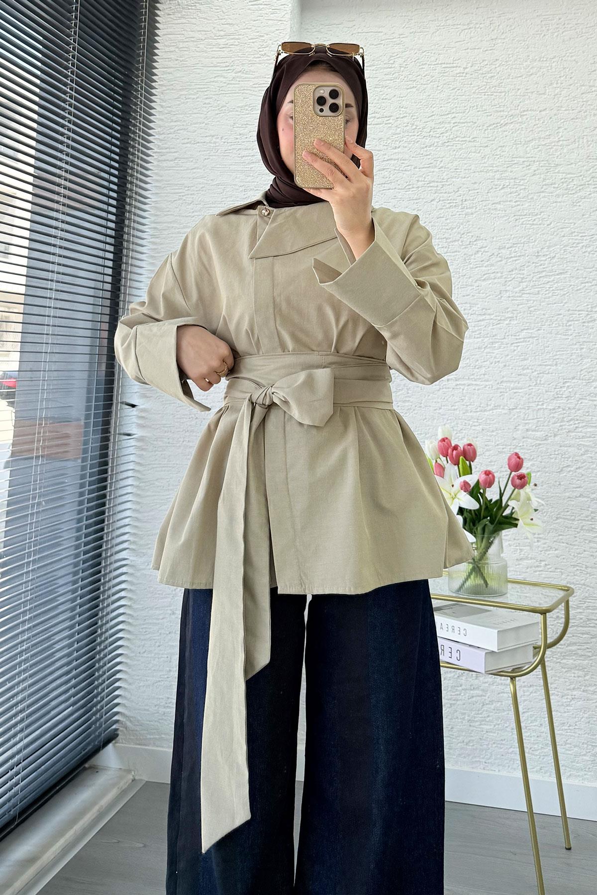 Yandan Düğmeli Geniş Kemerli Poplin Tunik – Çağla Yeşili