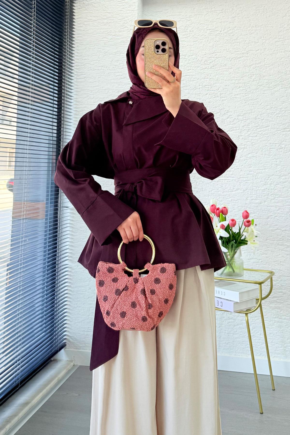 Yandan Düğmeli Geniş Kemerli Poplin Tunik – Bordo