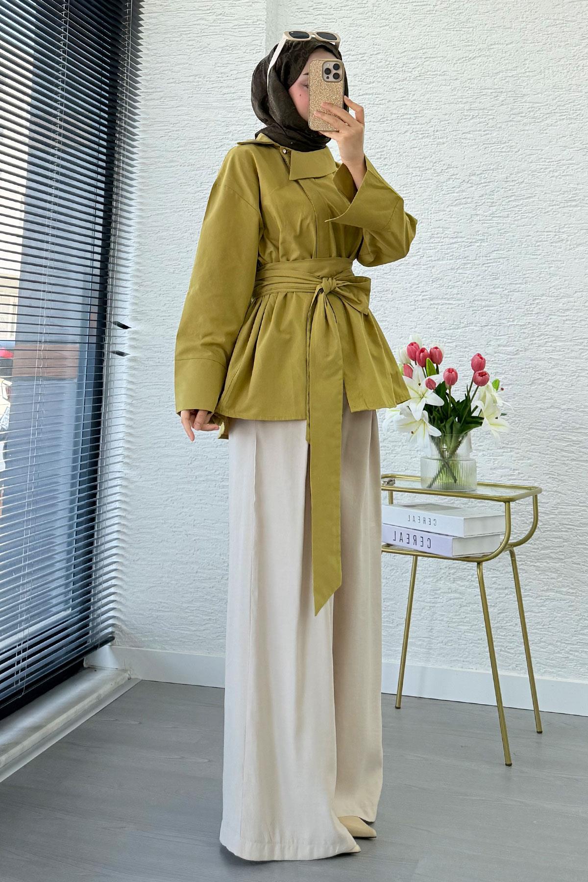 Yandan Düğmeli Geniş Kemerli Poplin Tunik – Yağ Yeşili