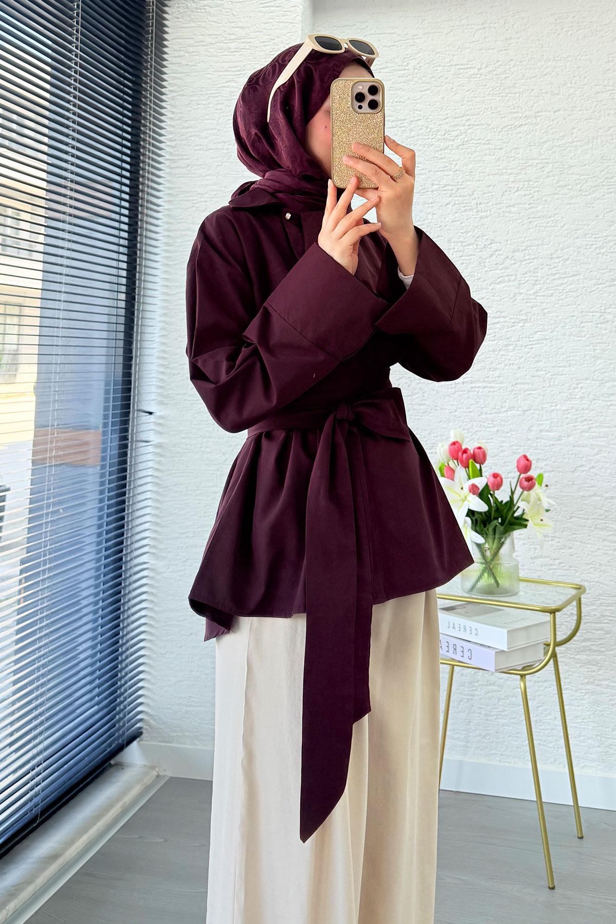 Yandan Düğmeli Geniş Kemerli Poplin Tunik – Bordo