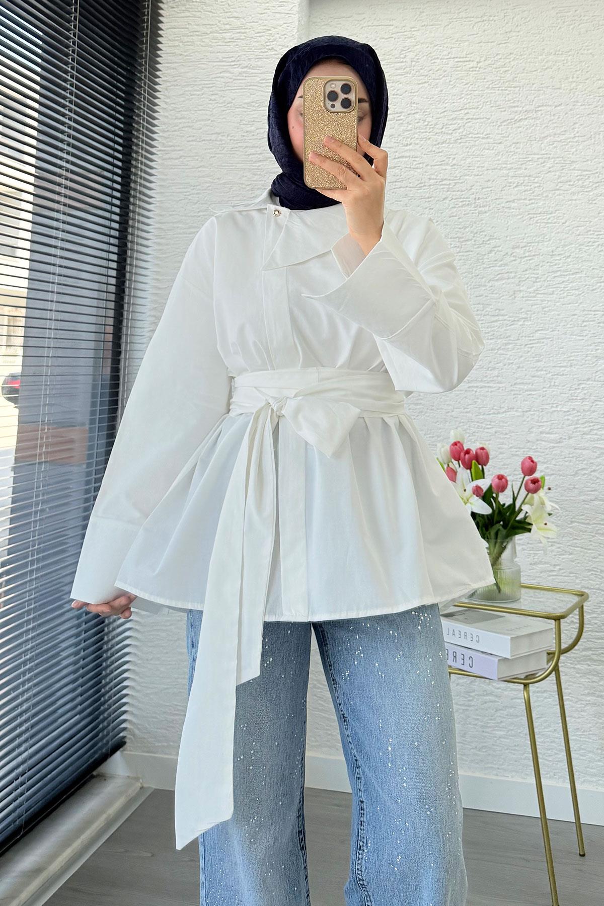Yandan Düğmeli Geniş Kemerli Poplin Tunik – Beyaz
