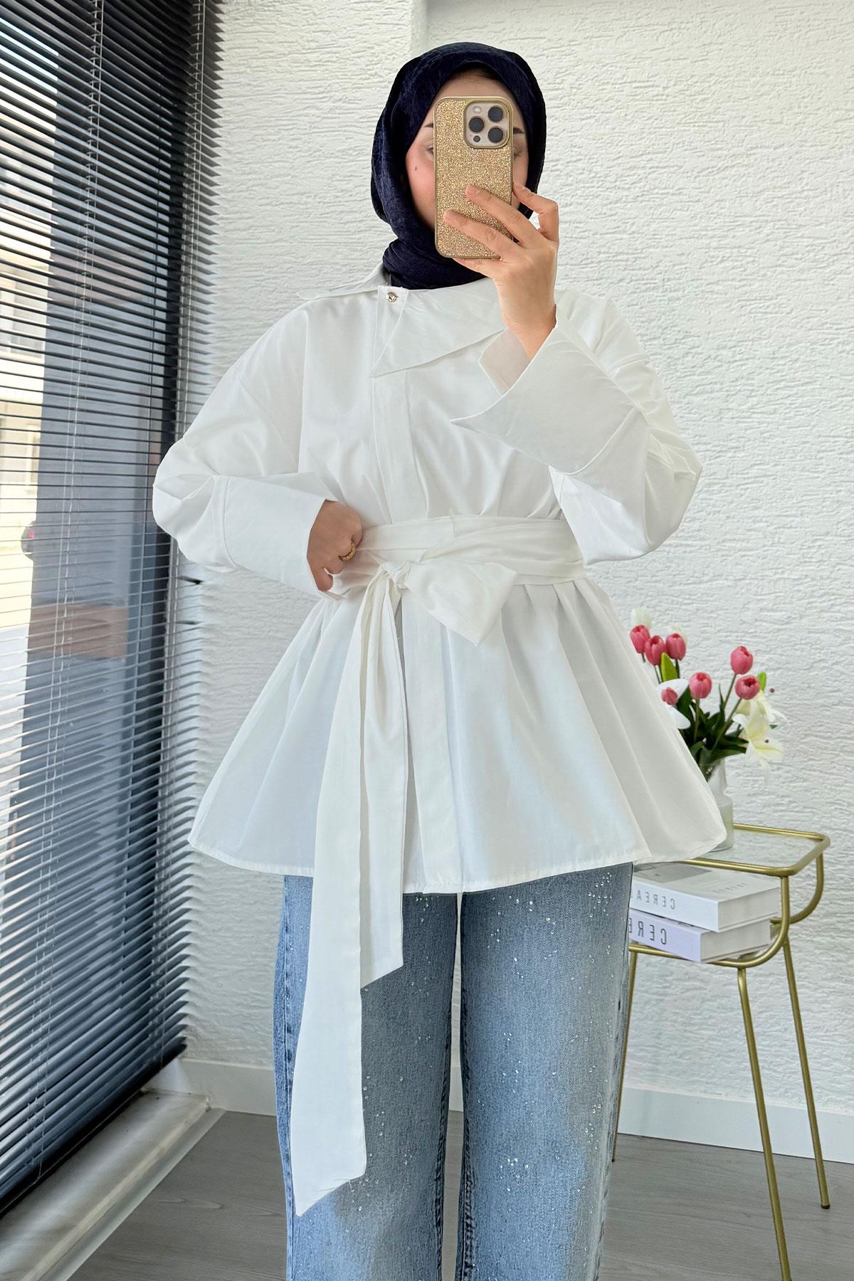 Yandan Düğmeli Geniş Kemerli Poplin Tunik – Beyaz