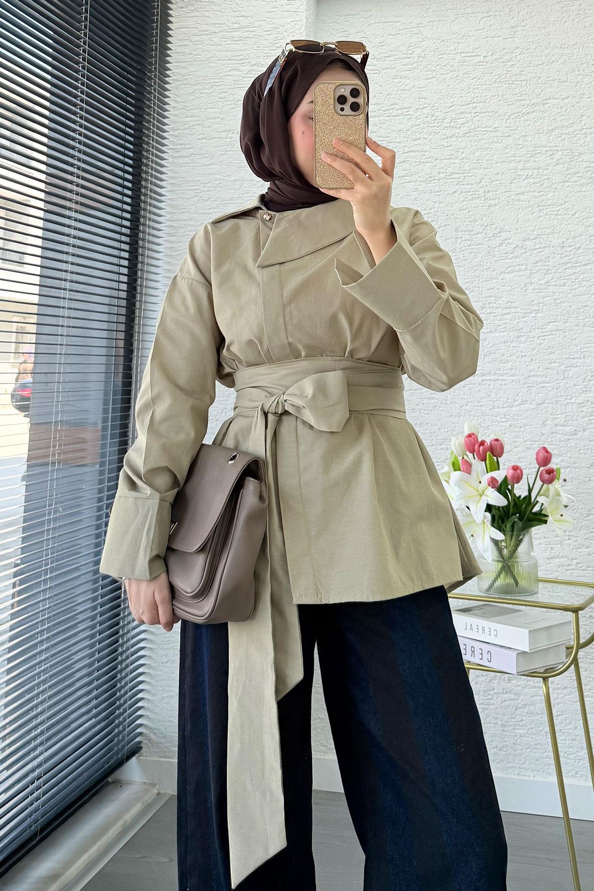 Yandan Düğmeli Geniş Kemerli Poplin Tunik – Çağla Yeşili