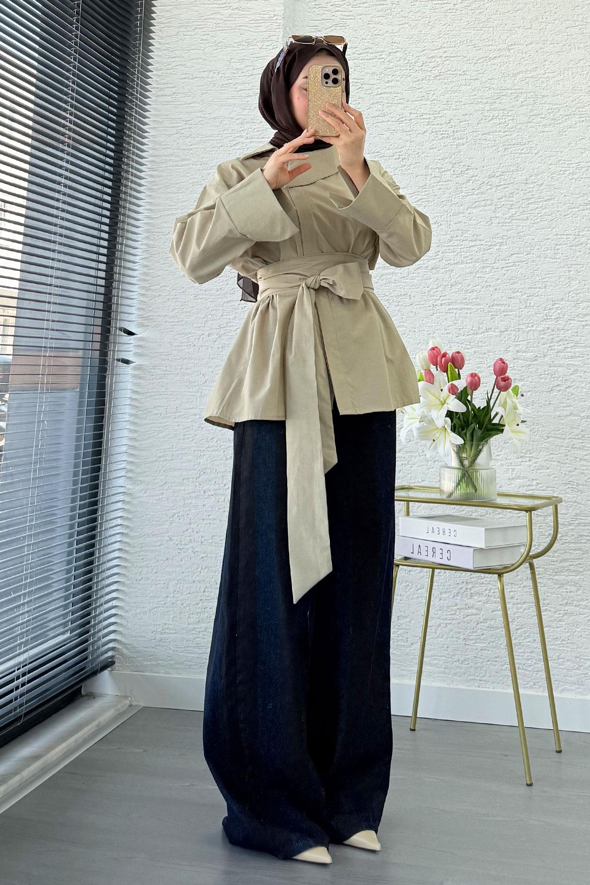 Yandan Düğmeli Geniş Kemerli Poplin Tunik – Çağla Yeşili