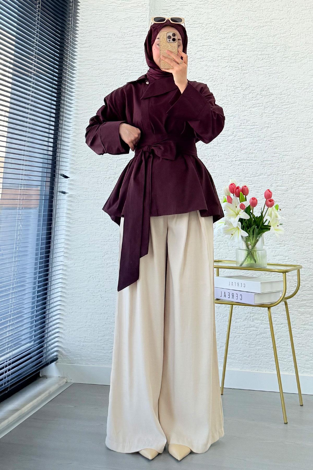 Yandan Düğmeli Geniş Kemerli Poplin Tunik – Bordo