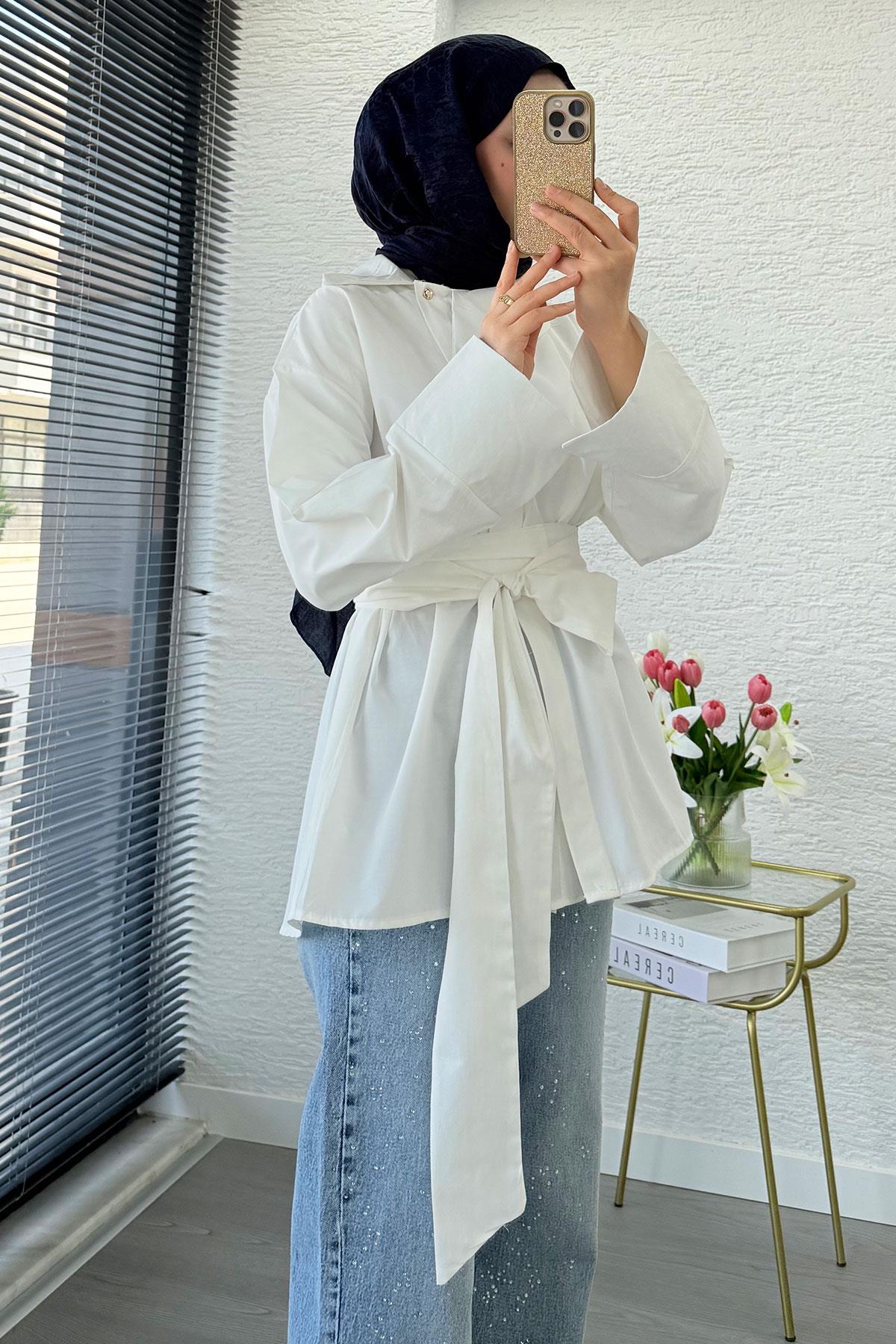 Yandan Düğmeli Geniş Kemerli Poplin Tunik – Beyaz