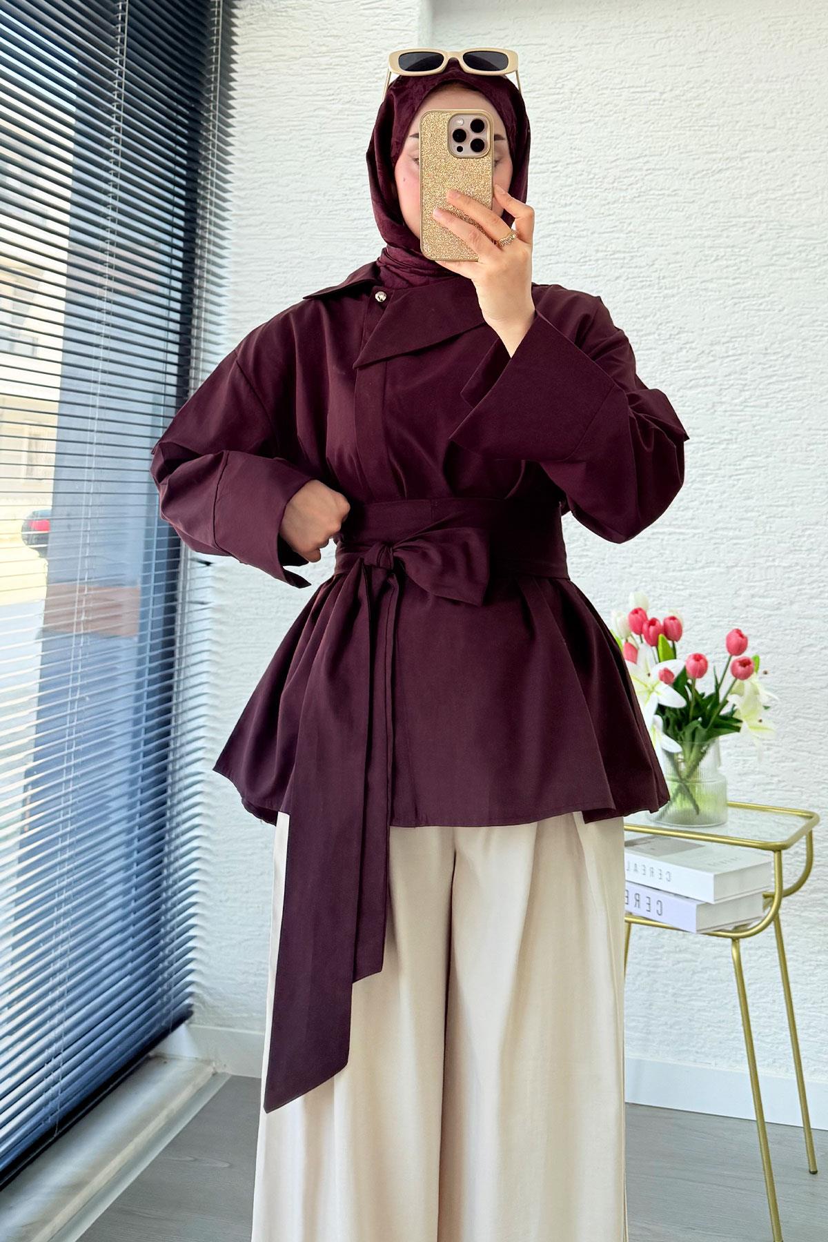 Yandan Düğmeli Geniş Kemerli Poplin Tunik – Bordo