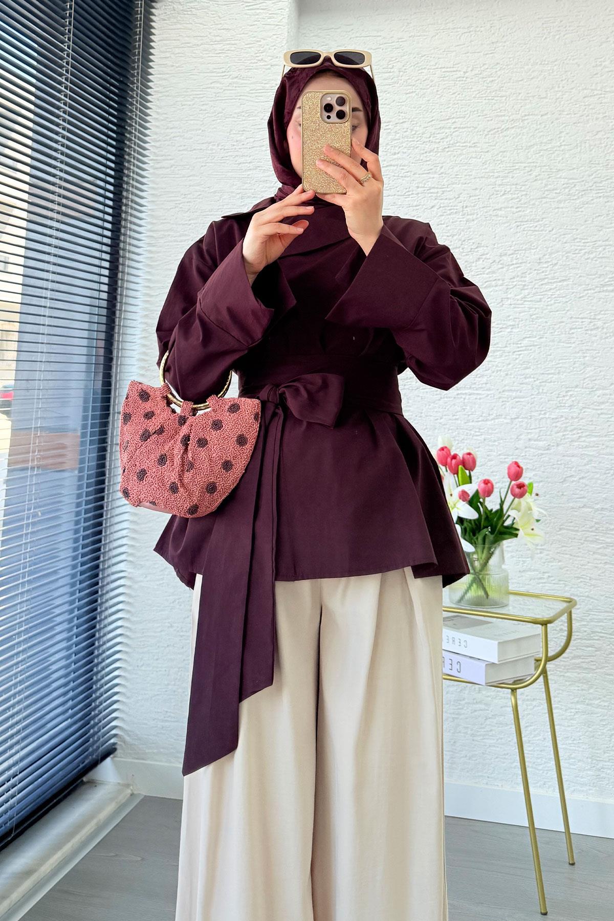Yandan Düğmeli Geniş Kemerli Poplin Tunik – Bordo