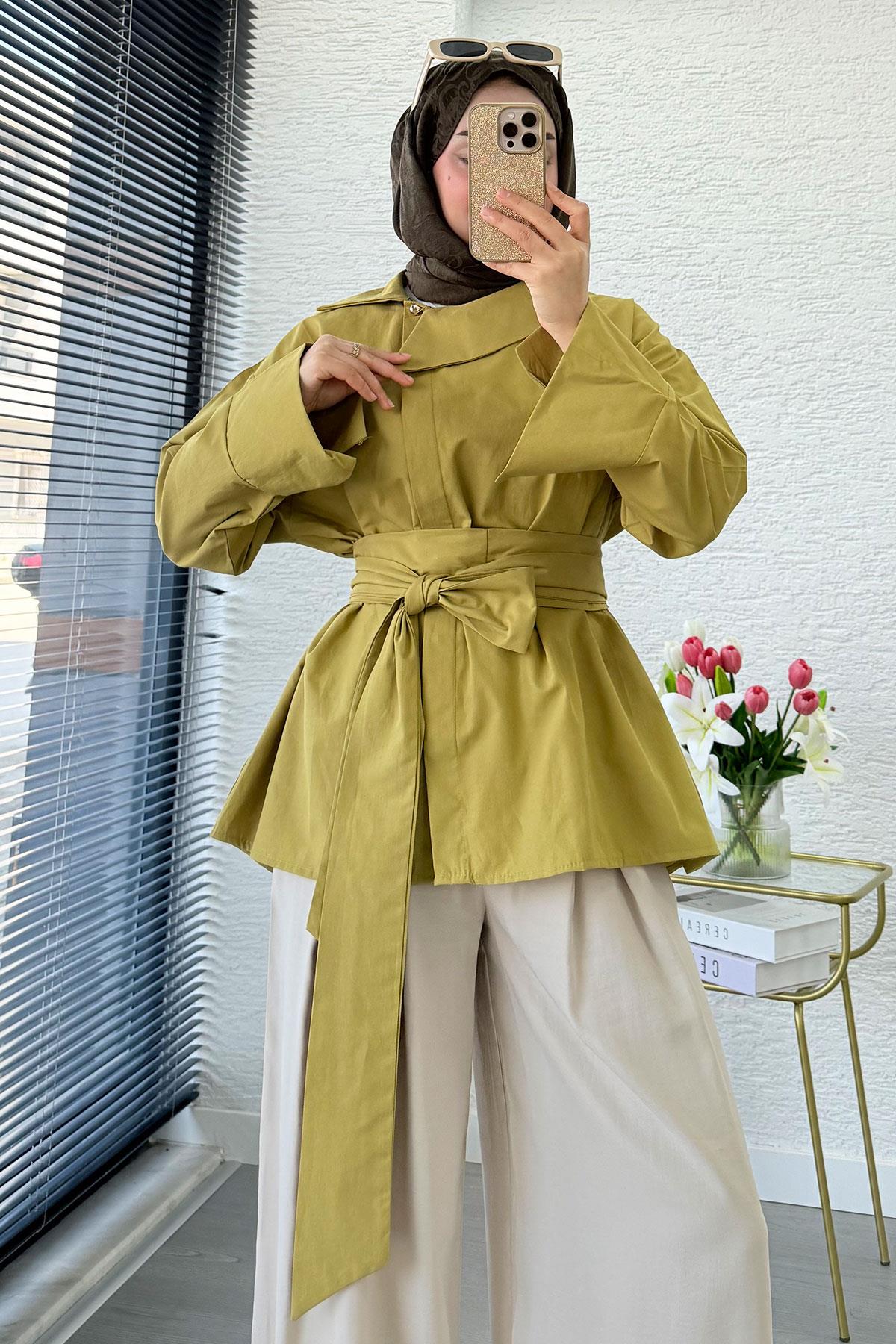 Yandan Düğmeli Geniş Kemerli Poplin Tunik – Yağ Yeşili