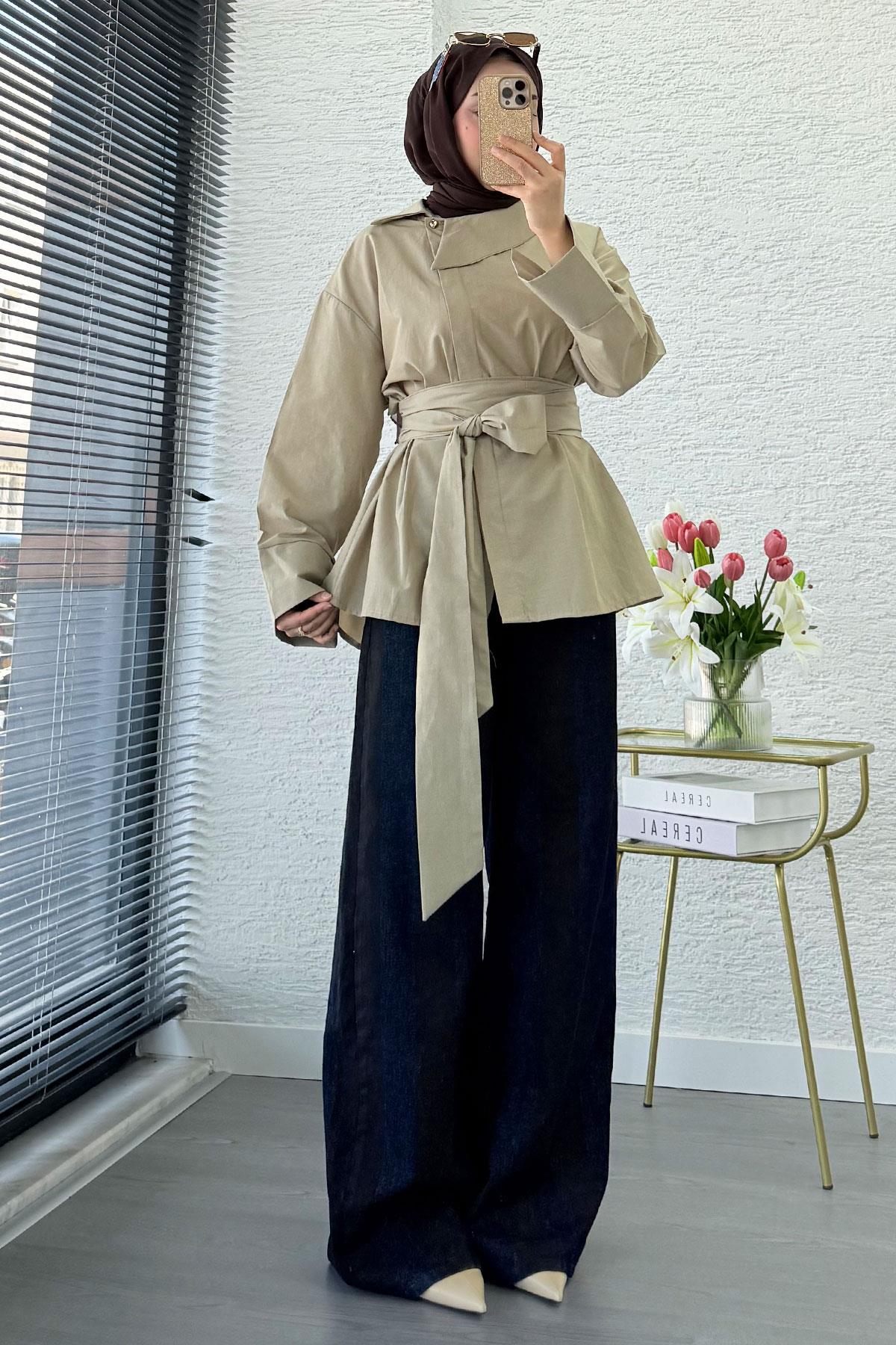 Yandan Düğmeli Geniş Kemerli Poplin Tunik – Çağla Yeşili