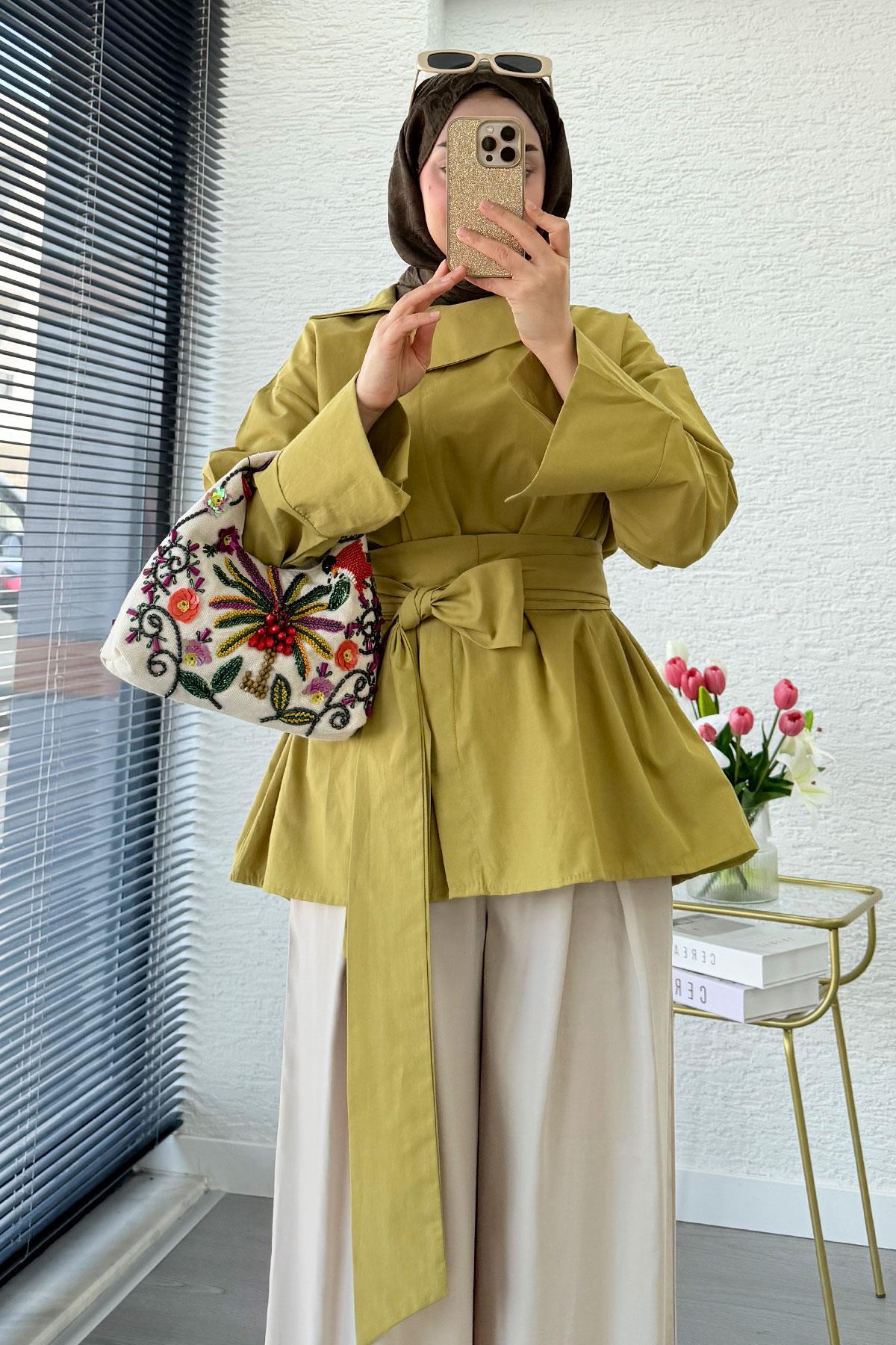 Yandan Düğmeli Geniş Kemerli Poplin Tunik – Yağ Yeşili