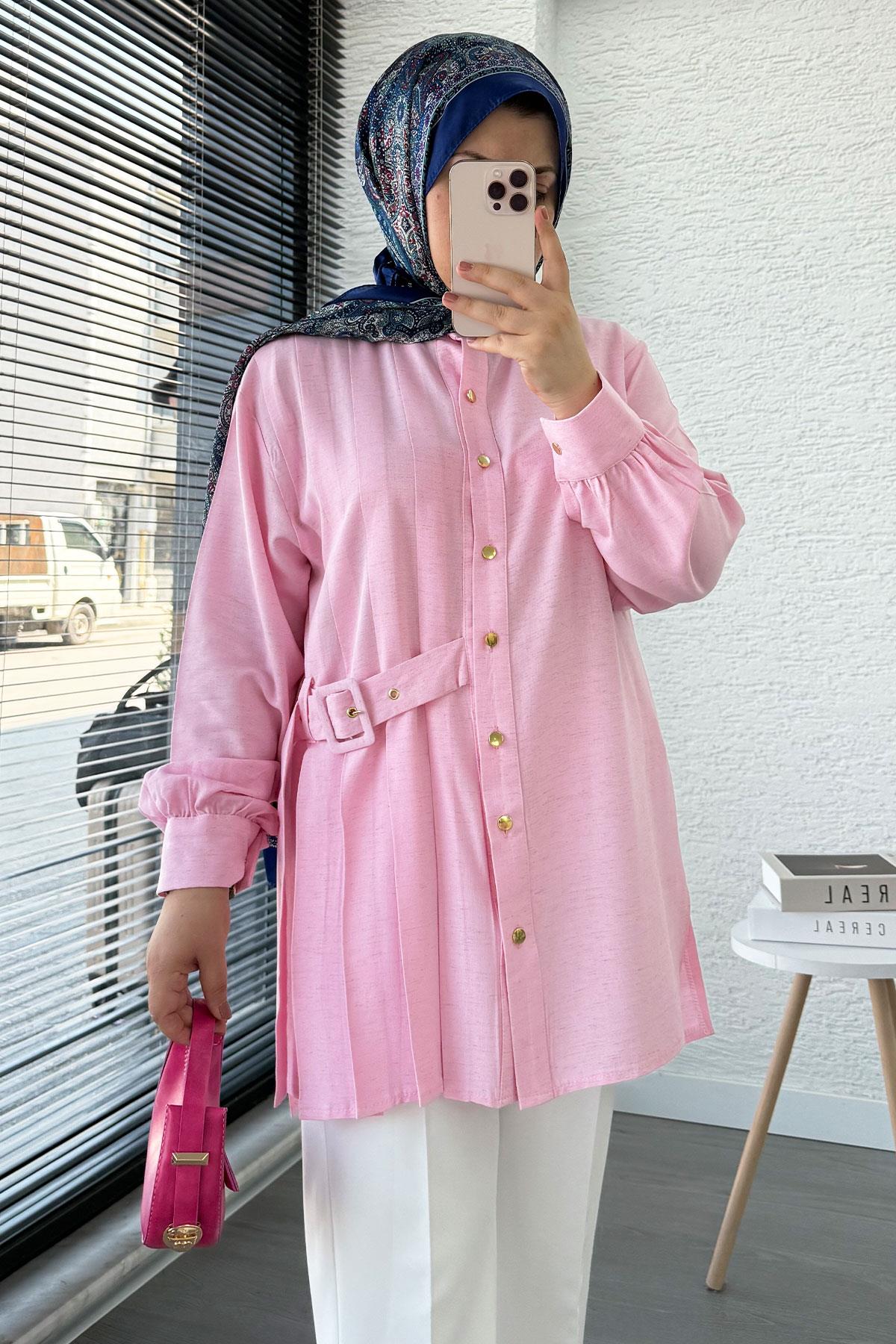 Yandan Kemerli Pile Detaylı Keten Tunik – Pembe