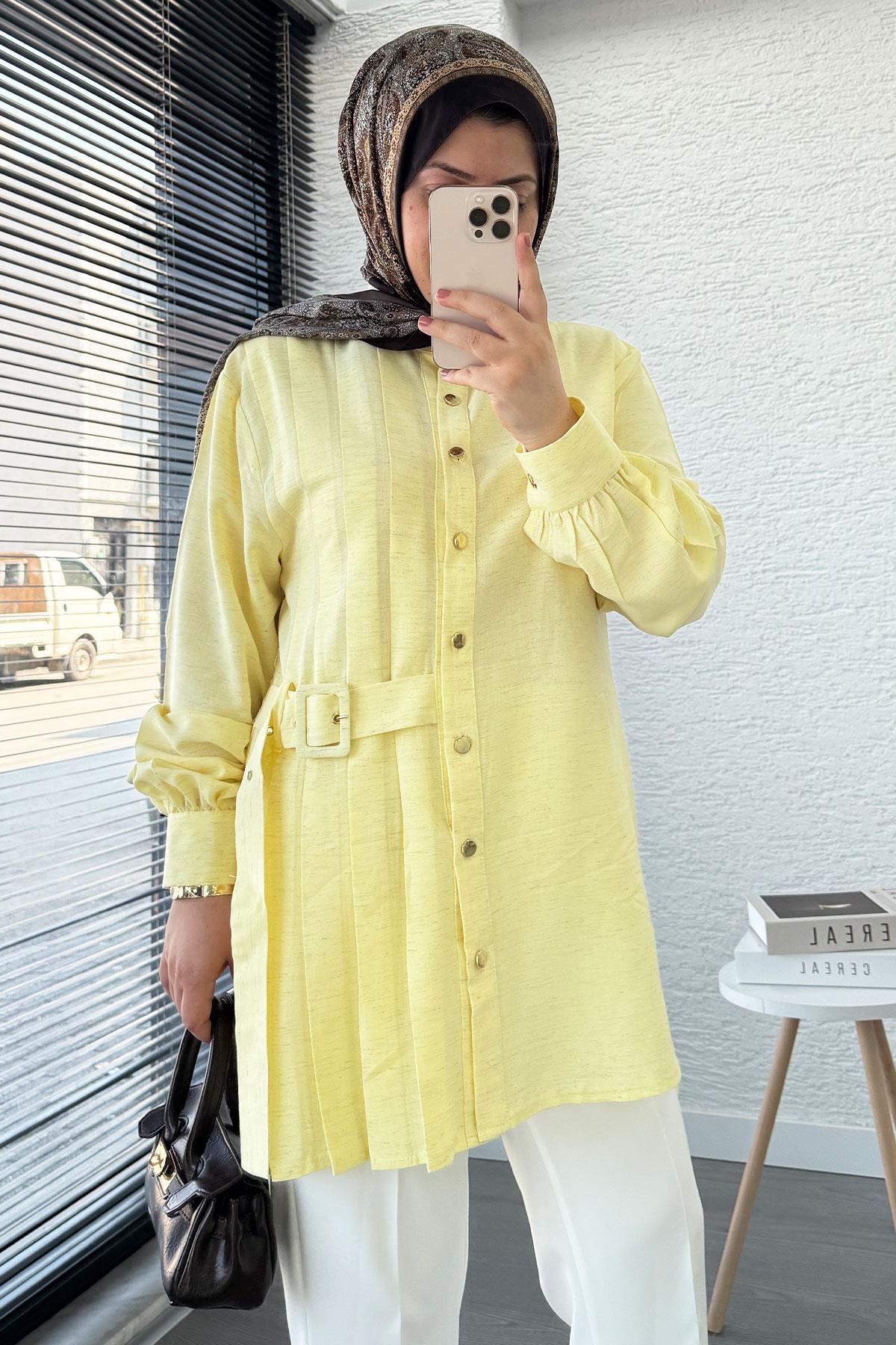 Yandan Kemerli Pile Detaylı Keten Tunik – Sarı
