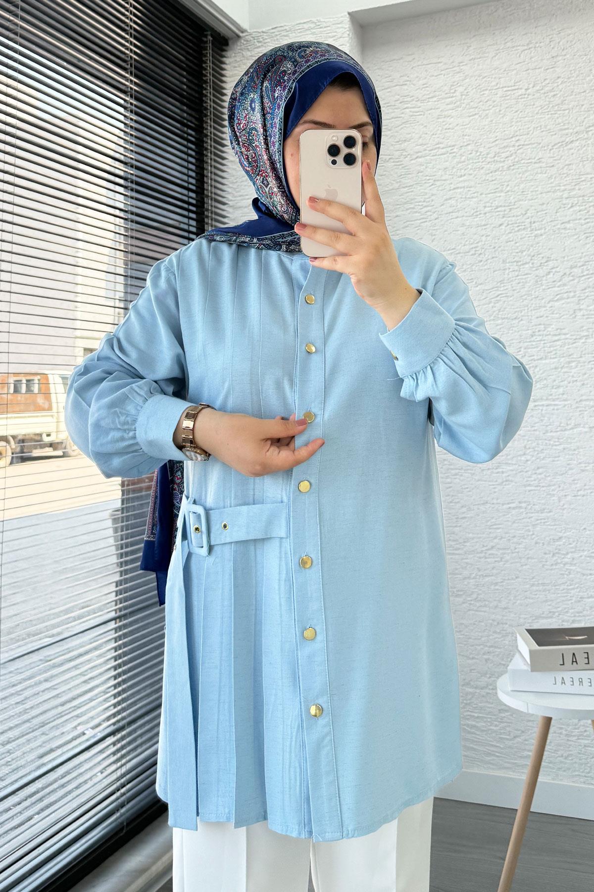 Yandan Kemerli Pile Detaylı Keten Tunik – Mavi