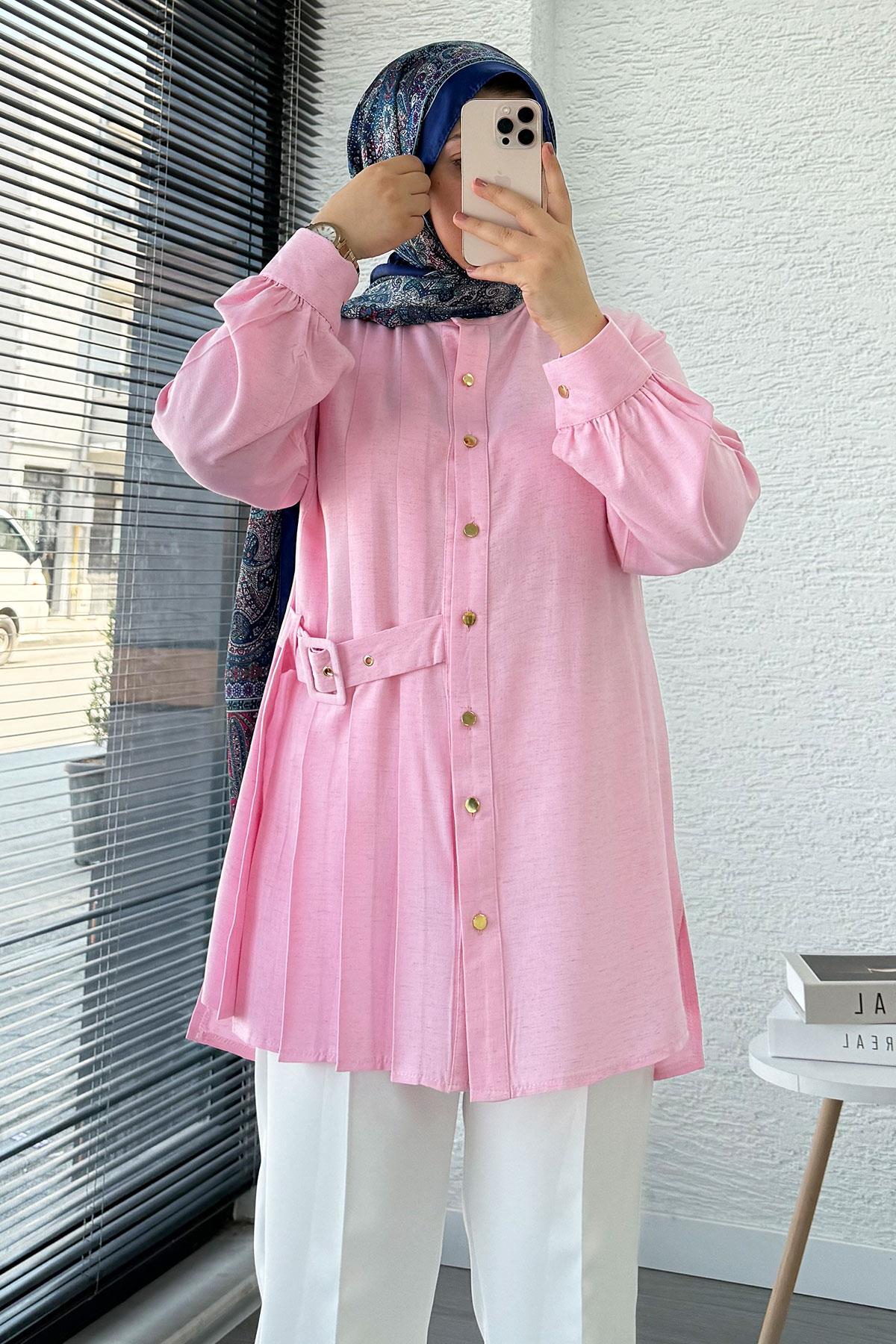 Yandan Kemerli Pile Detaylı Keten Tunik – Pembe