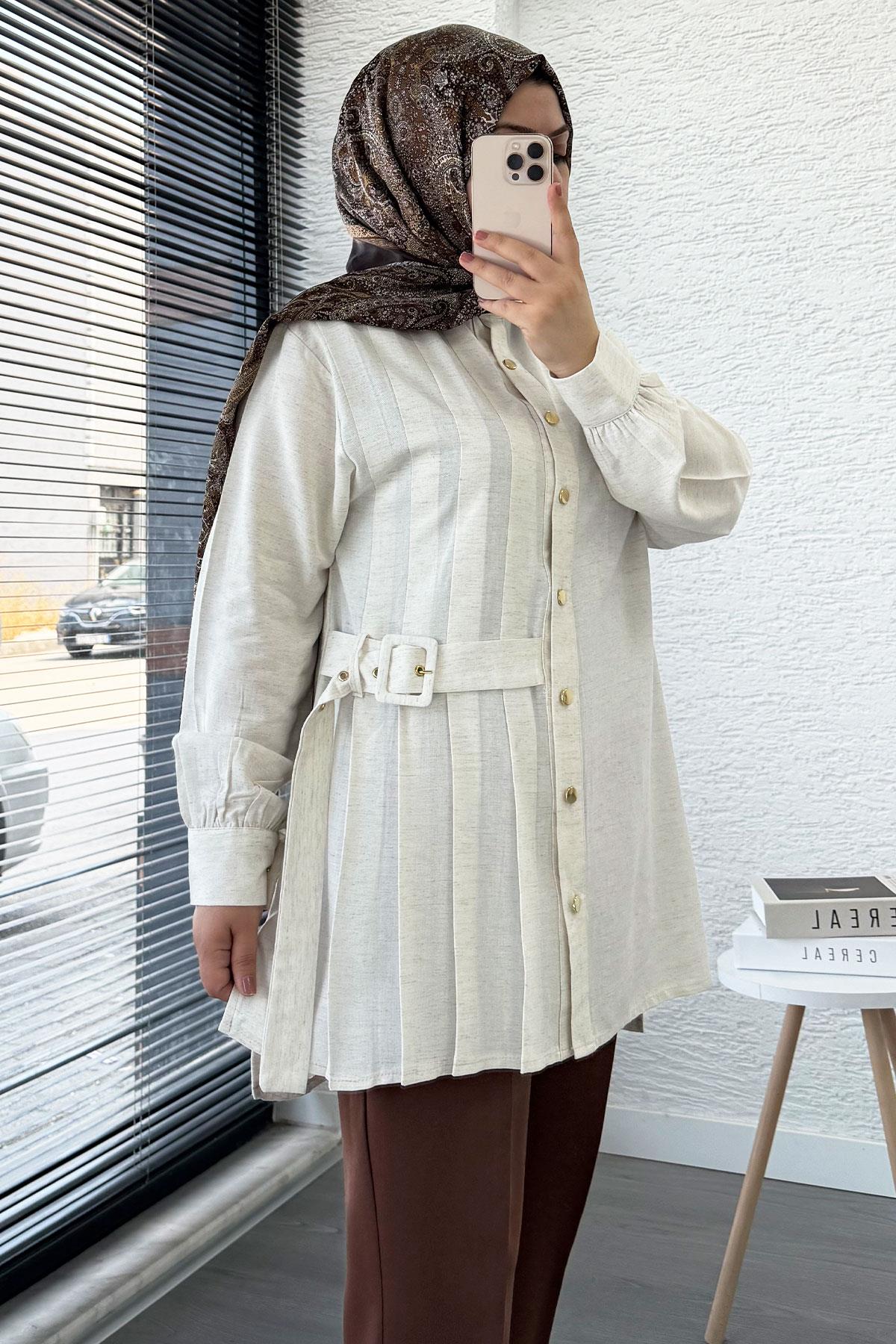 Yandan Kemerli Pile Detaylı Keten Tunik – Taş