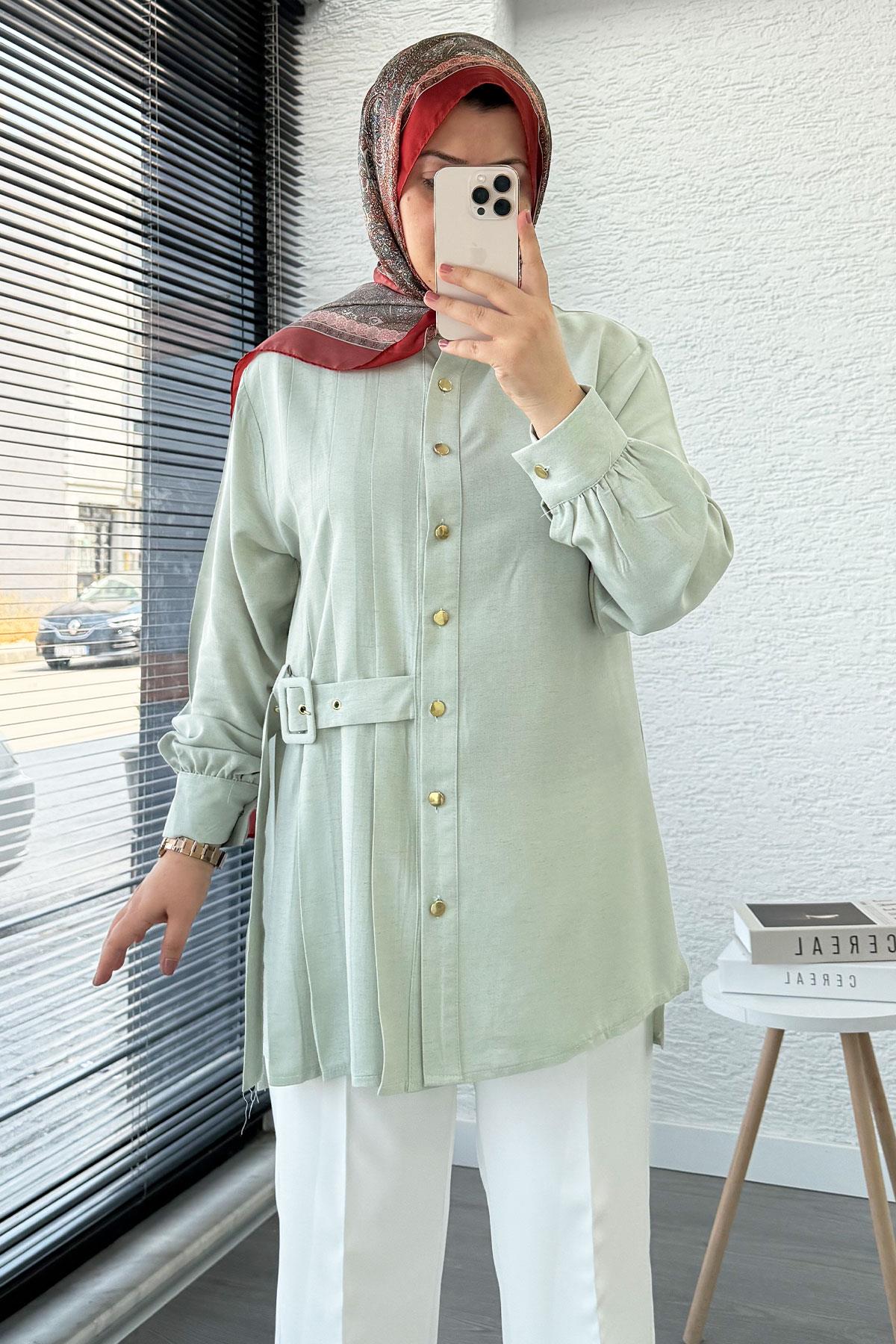 Yandan Kemerli Pile Detaylı Keten Tunik – Yeşil