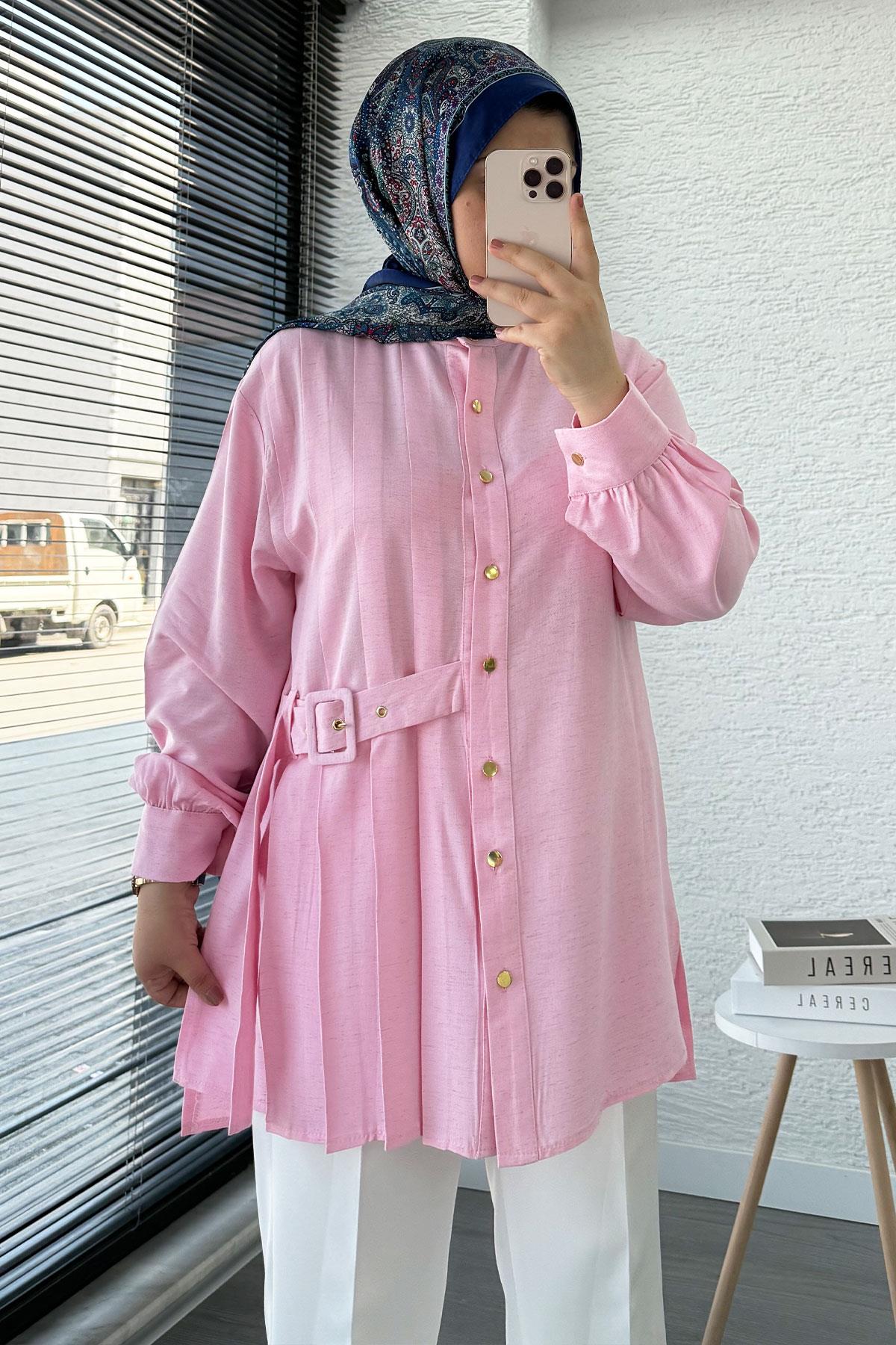 Yandan Kemerli Pile Detaylı Keten Tunik – Pembe