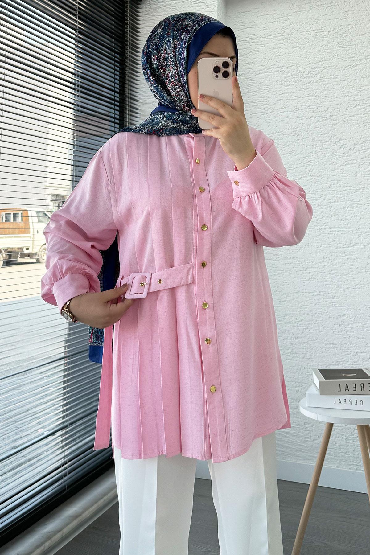 Yandan Kemerli Pile Detaylı Keten Tunik – Pembe