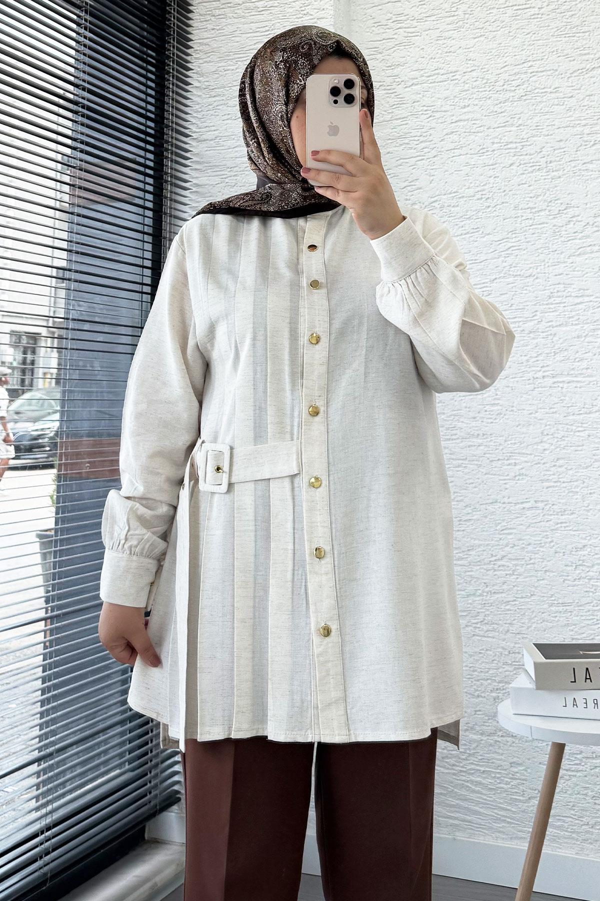 Yandan Kemerli Pile Detaylı Keten Tunik – Taş