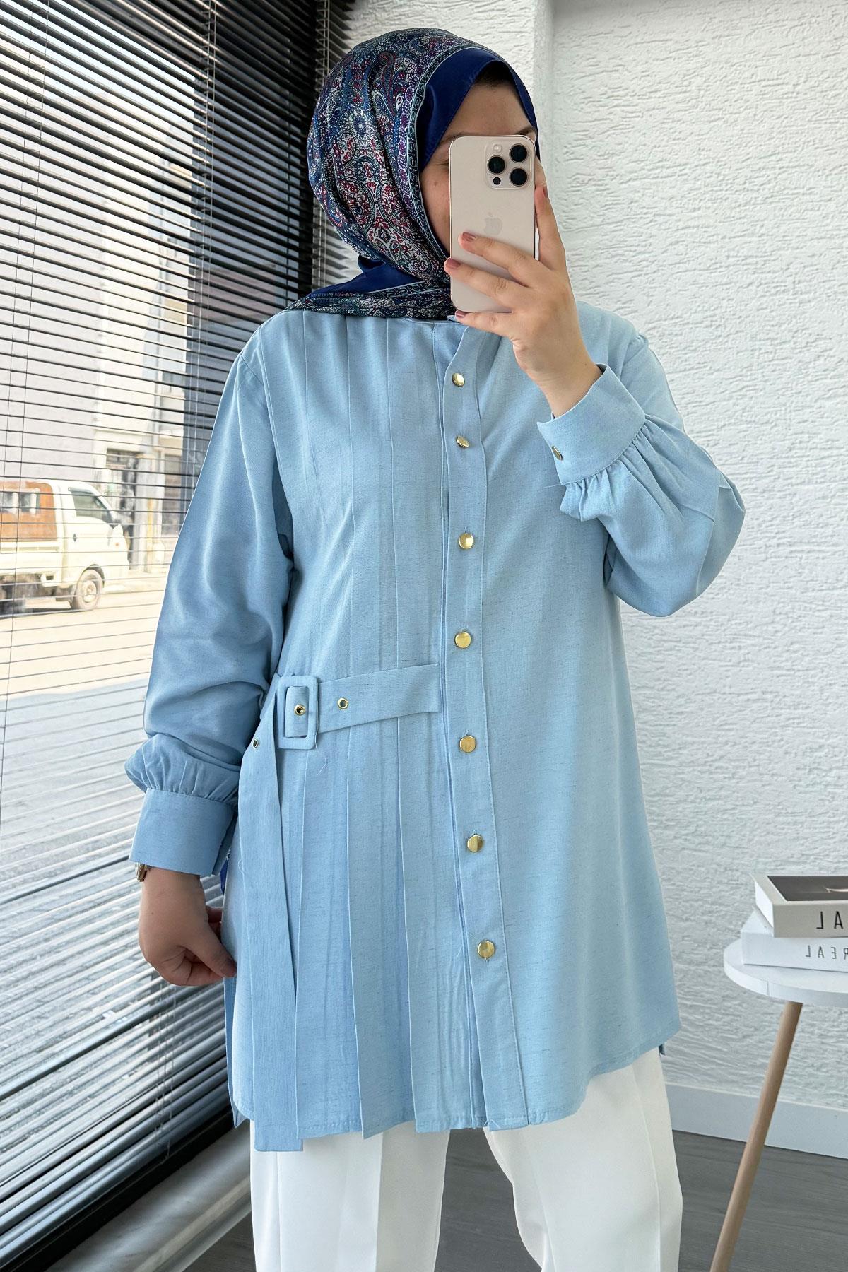 Yandan Kemerli Pile Detaylı Keten Tunik – Mavi