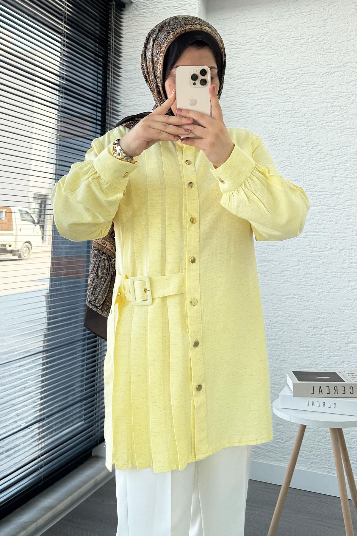 Yandan Kemerli Pile Detaylı Keten Tunik – Sarı