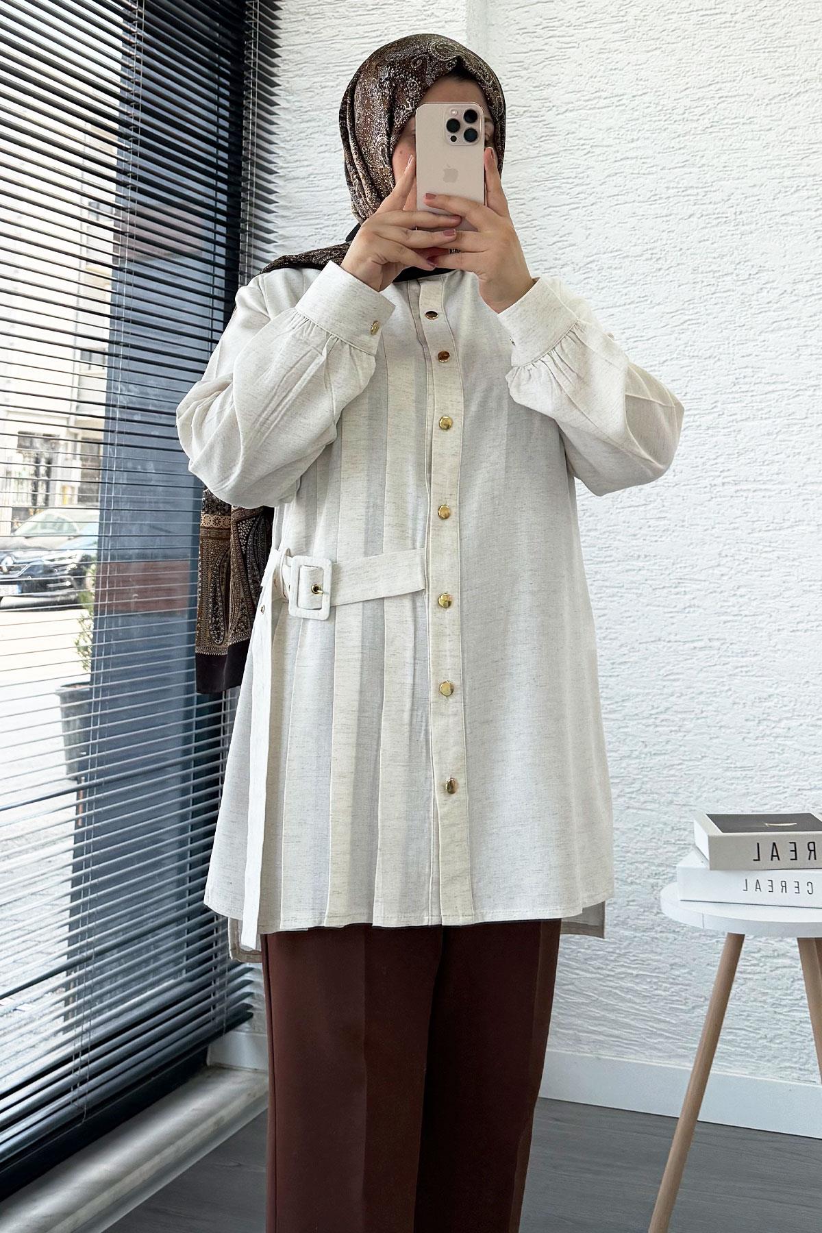 Yandan Kemerli Pile Detaylı Keten Tunik – Taş