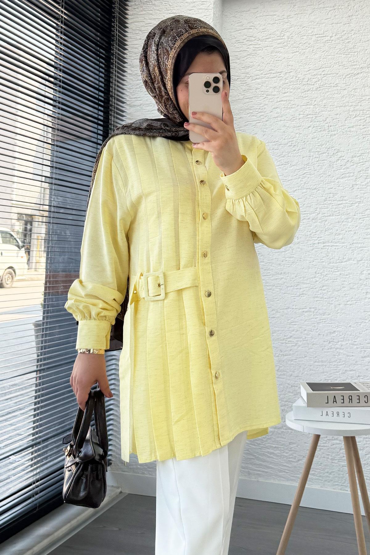 Yandan Kemerli Pile Detaylı Keten Tunik – Sarı