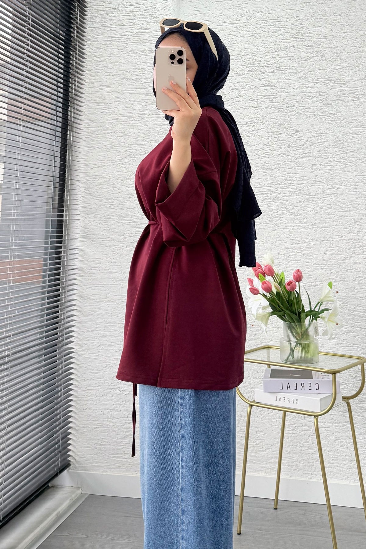 Yandan Yırtmaç Detay Belden Bağlamalı Basic Bluz - Bordo