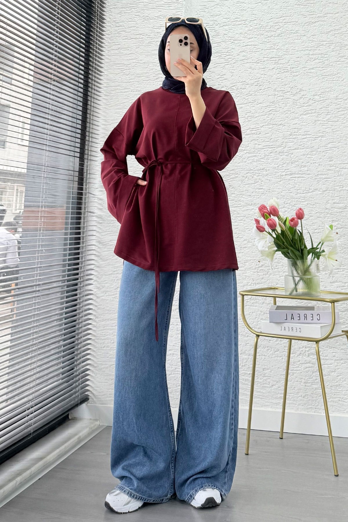 Yandan Yırtmaç Detay Belden Bağlamalı Basic Bluz - Bordo