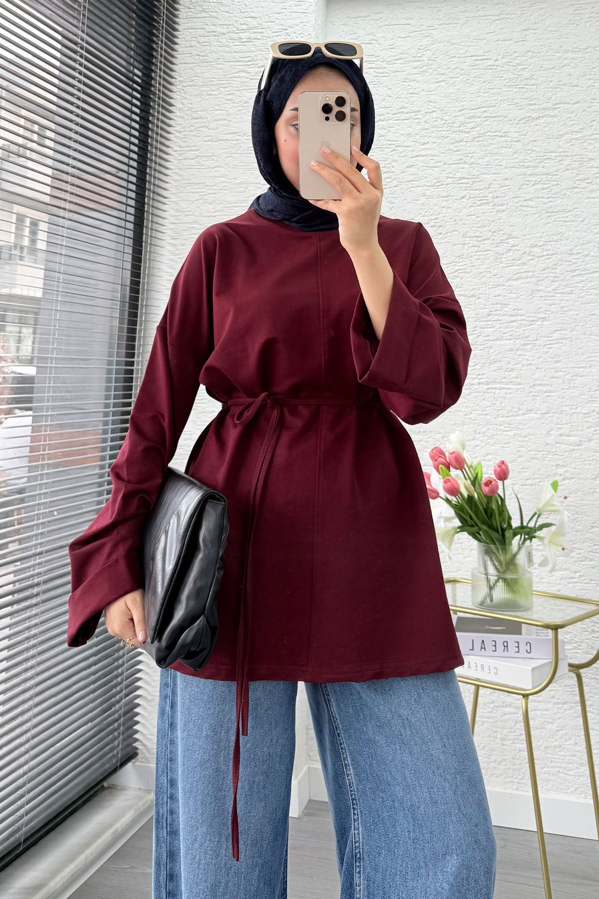 Yandan Yırtmaç Detay Belden Bağlamalı Basic Bluz - Bordo