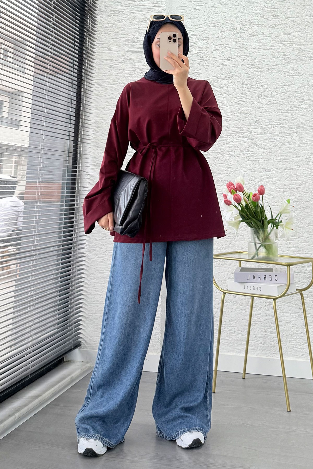 Yandan Yırtmaç Detay Belden Bağlamalı Basic Bluz - Bordo