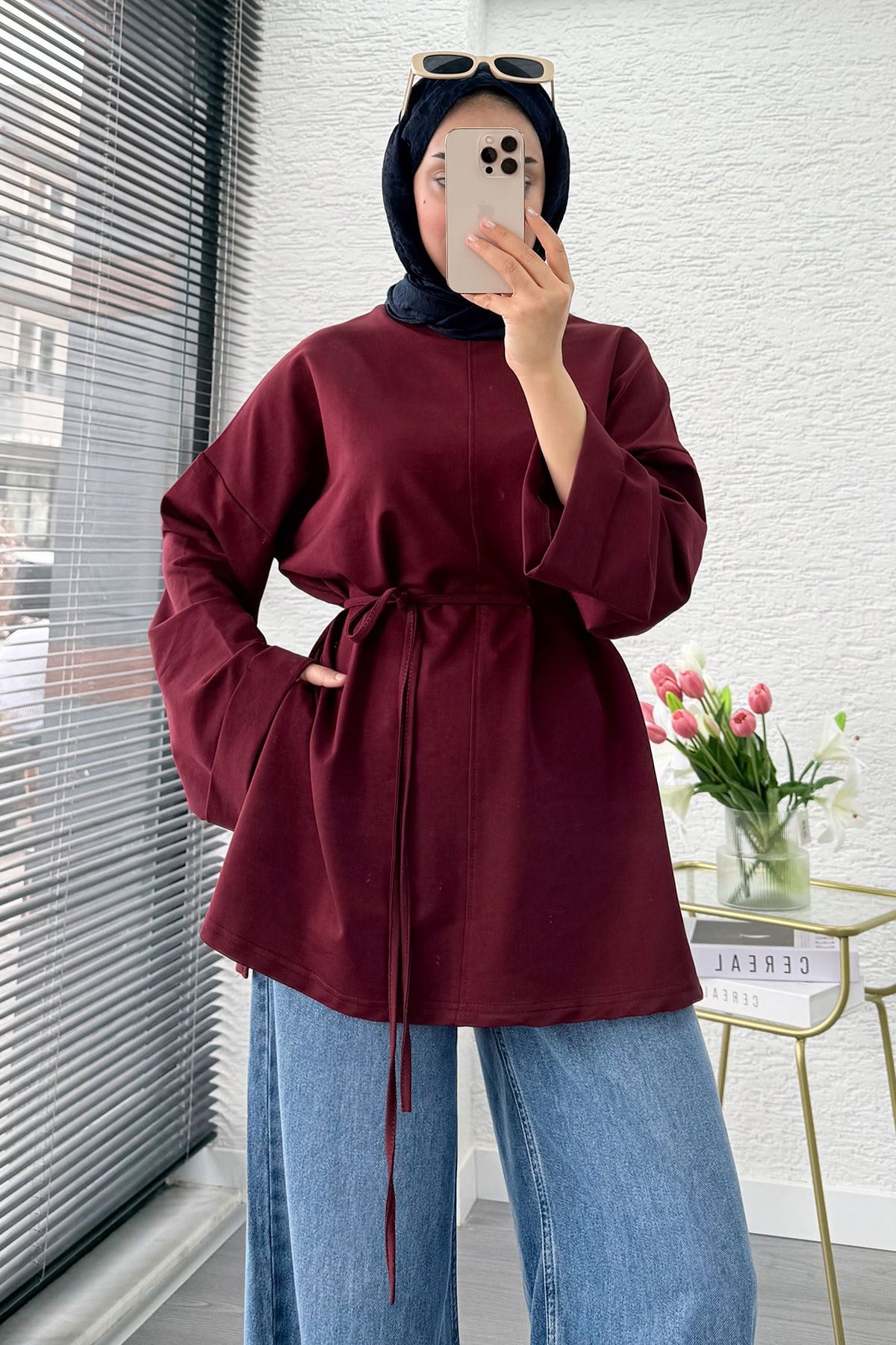 Yandan Yırtmaç Detay Belden Bağlamalı Basic Bluz - Bordo