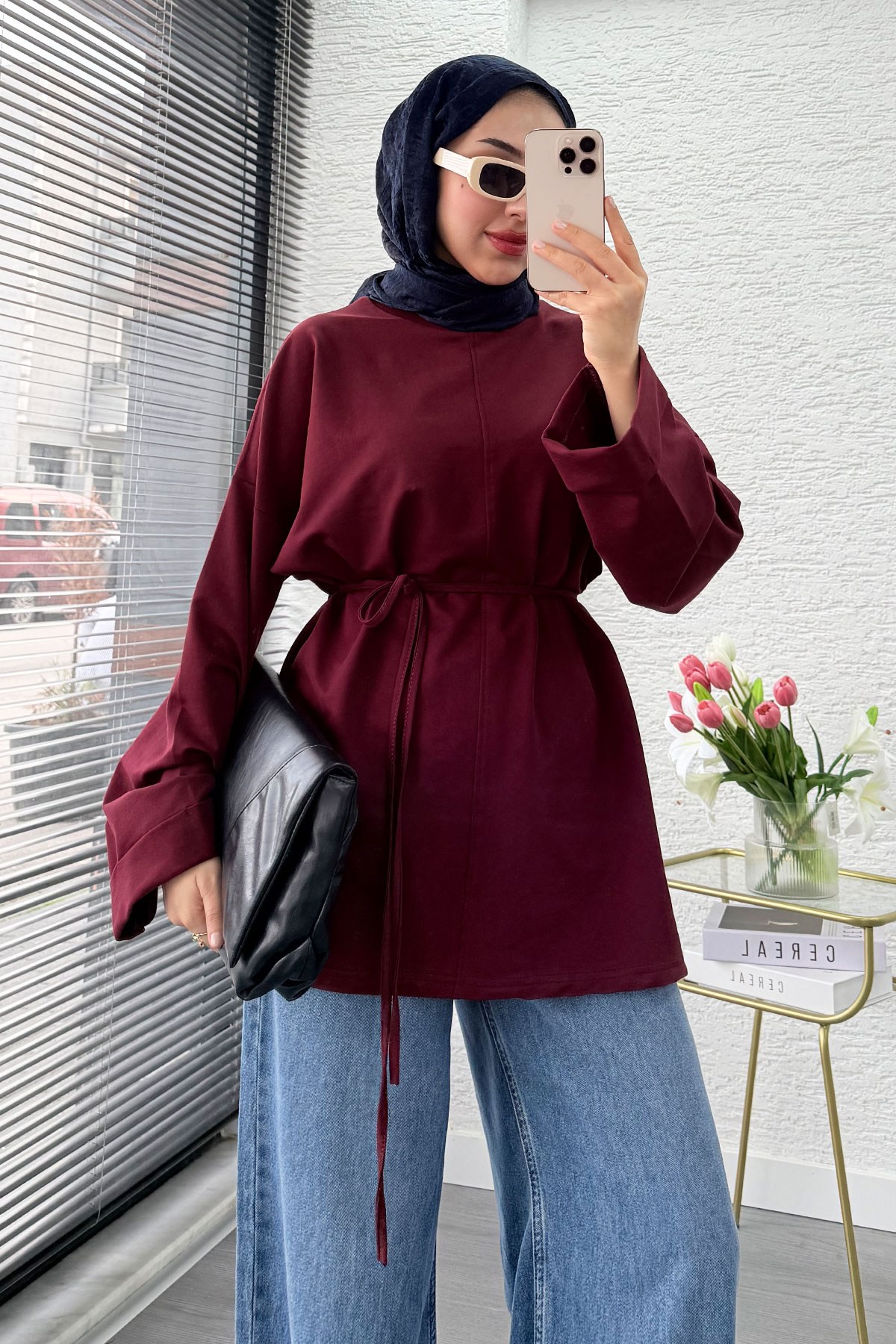 Yandan Yırtmaç Detay Belden Bağlamalı Basic Bluz - Bordo