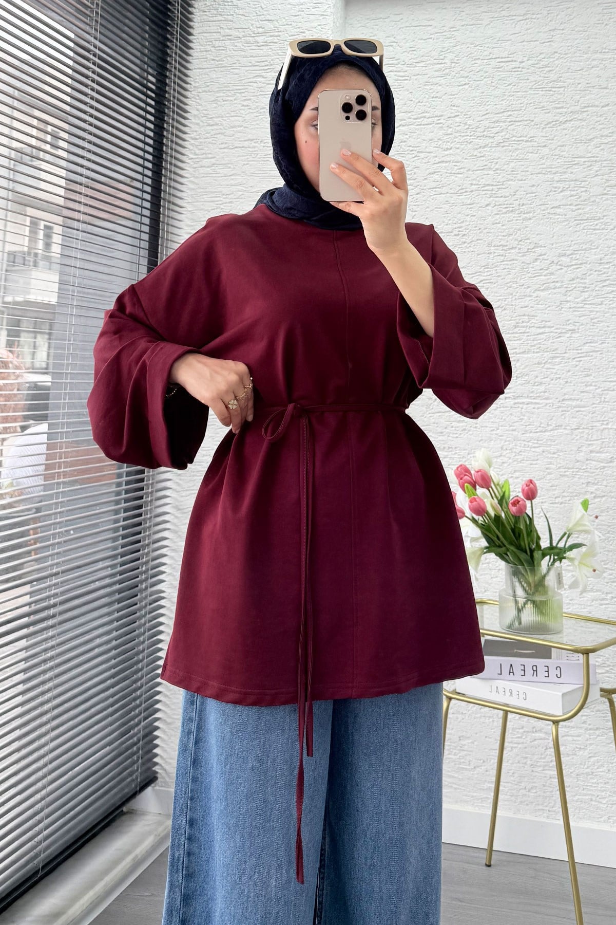 Yandan Yırtmaç Detay Belden Bağlamalı Basic Bluz - Bordo