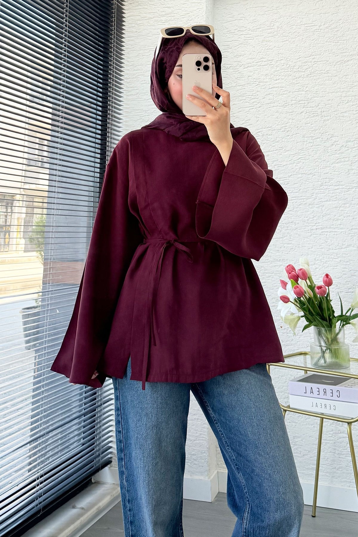 Yandan Yırtmaçlı Volan Kol Modal Bluz – Bordo