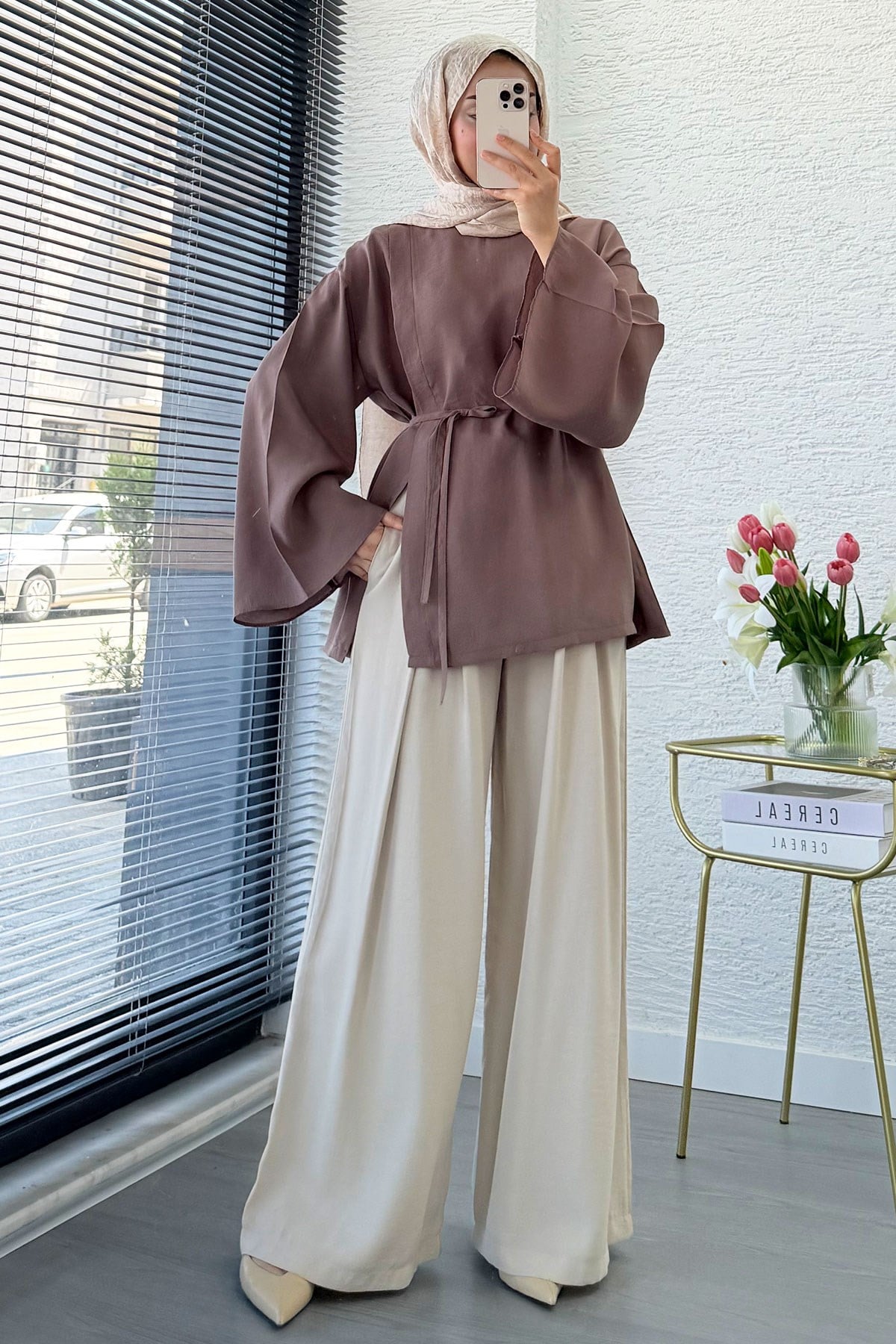 Yandan Yırtmaçlı Volan Kol Modal Bluz – Gül Kurusu