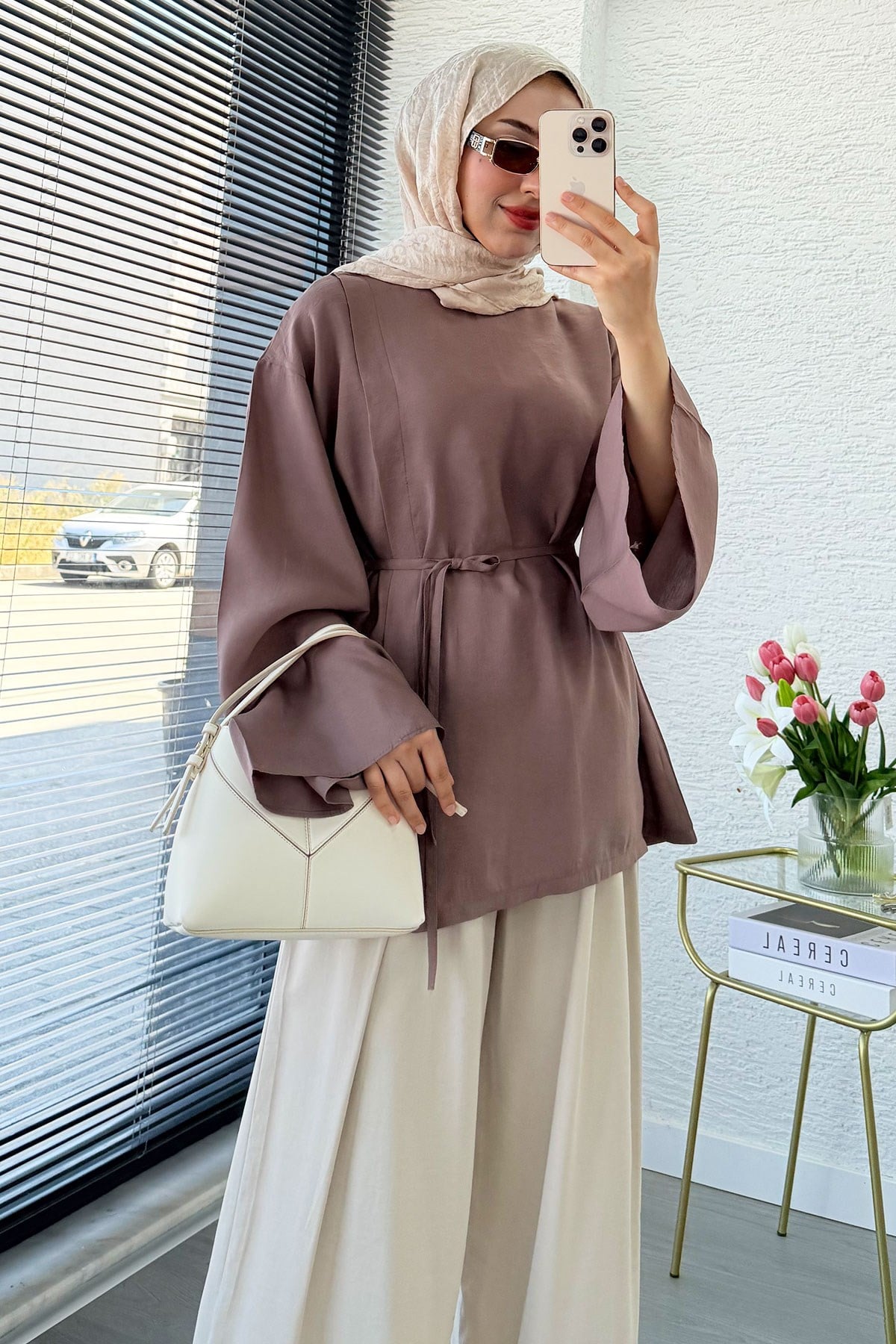 Yandan Yırtmaçlı Volan Kol Modal Bluz – Gül Kurusu