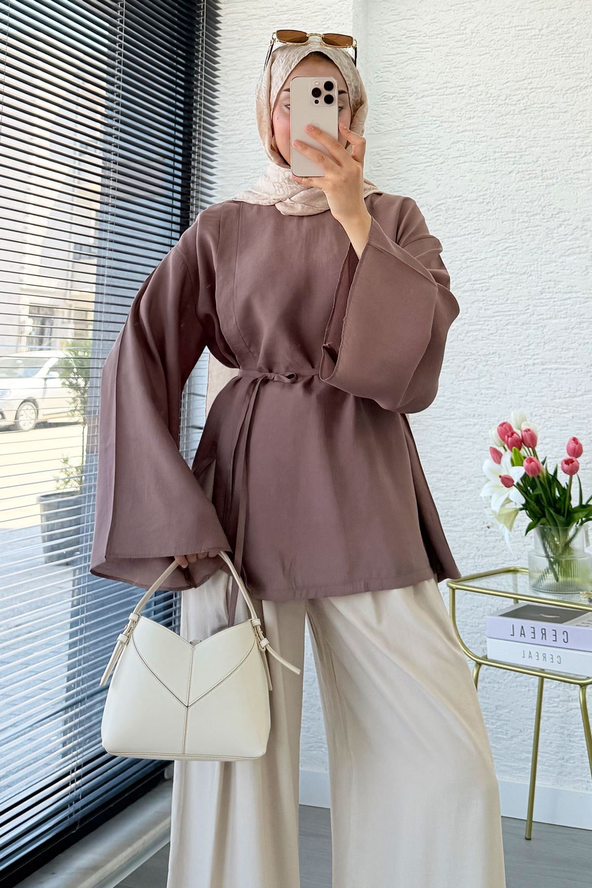 Yandan Yırtmaçlı Volan Kol Modal Bluz – Gül Kurusu