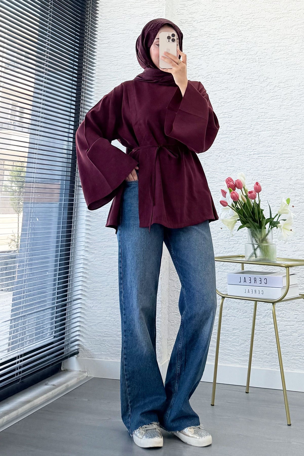 Yandan Yırtmaçlı Volan Kol Modal Bluz – Bordo