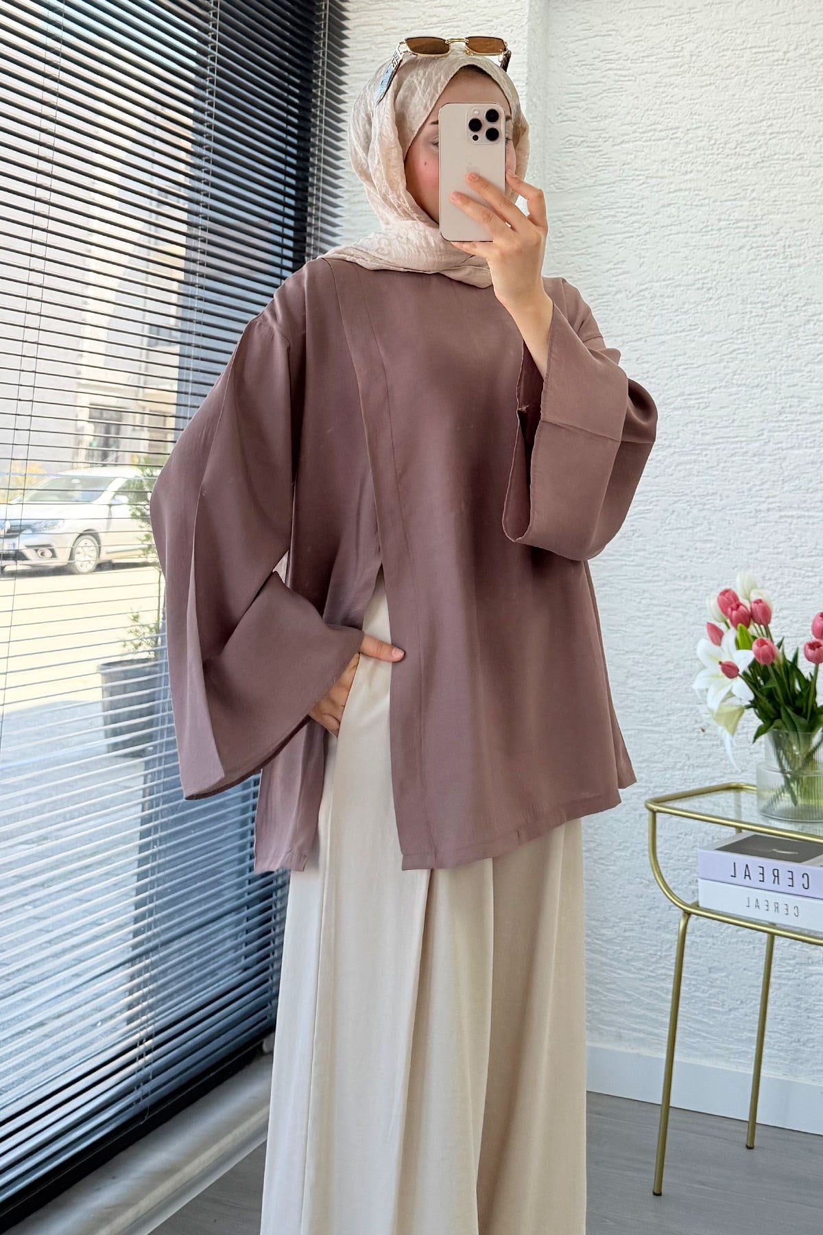 Yandan Yırtmaçlı Volan Kol Modal Bluz – Gül Kurusu