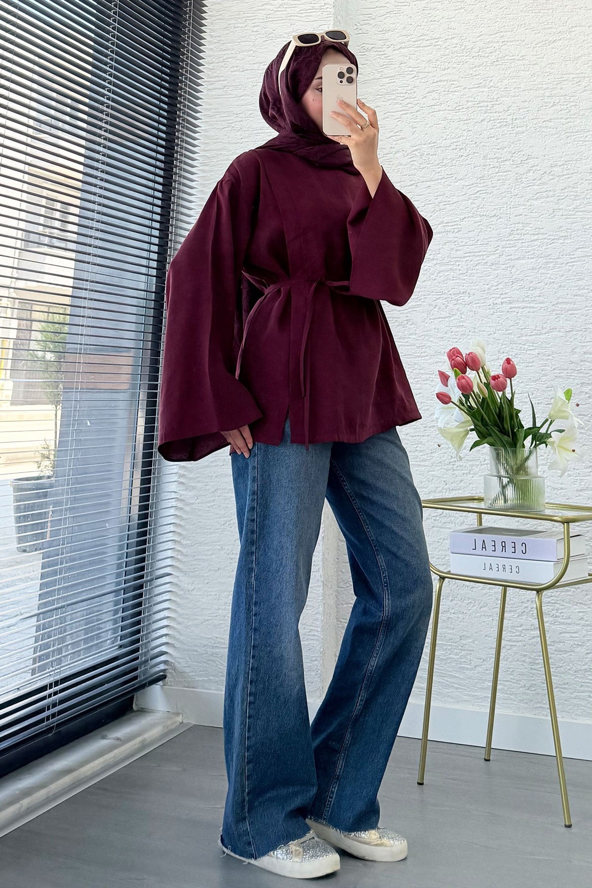 Yandan Yırtmaçlı Volan Kol Modal Bluz – Bordo